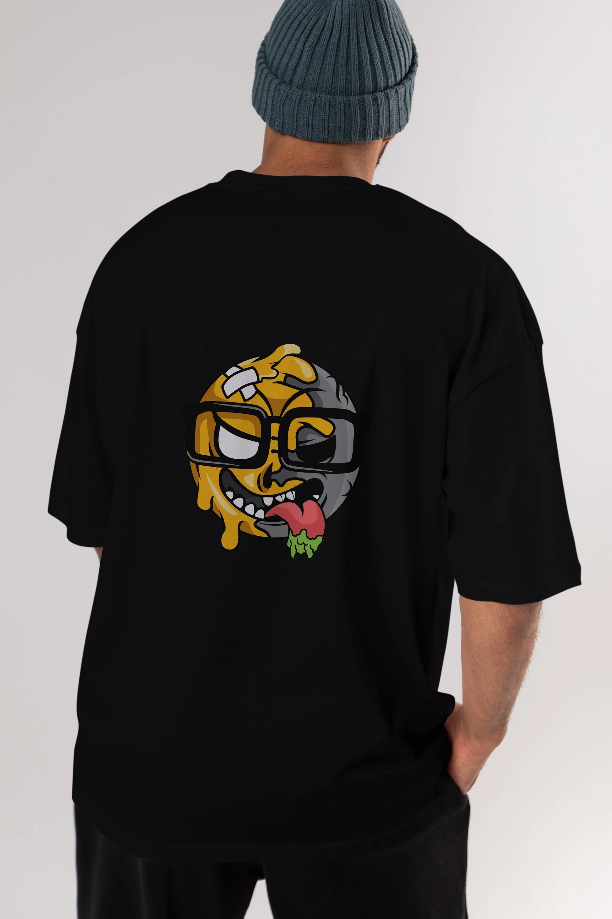 Smiley Nerd Arka Baskılı Oversize t-shirt Erkek Kadın Unisex %100 Pamuk tişort