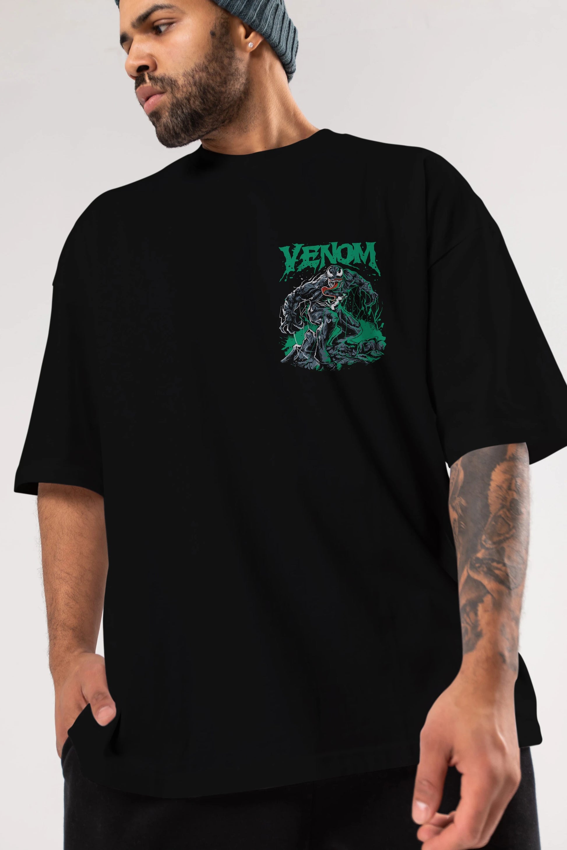 Venom (3) Ön Sol Baskılı Oversize t-shirt Erkek Kadın Unisex %100 Pamuk Bisiklet Yaka tişort