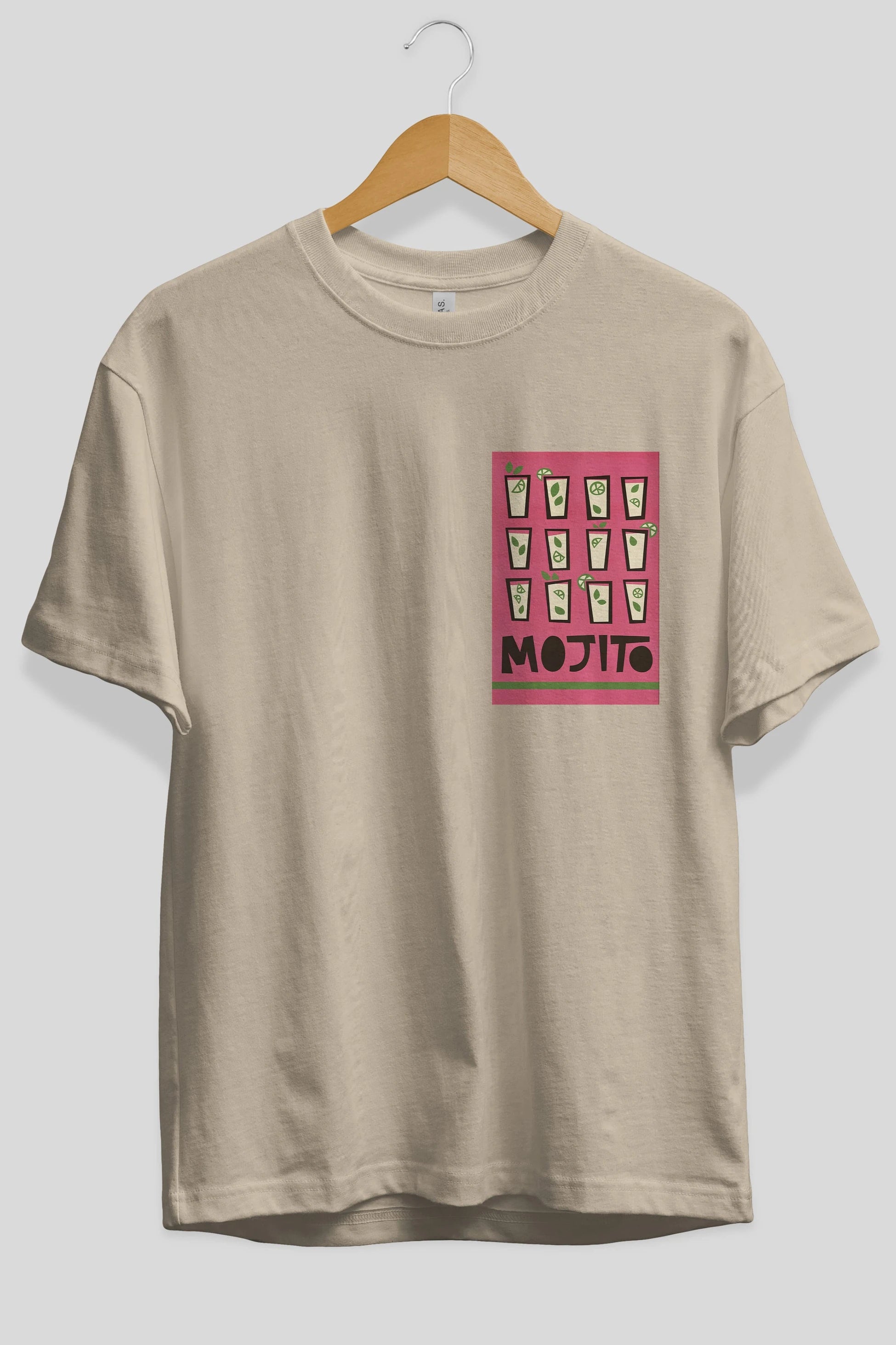 Mojito Ön Sol Baskılı Oversize t-shirt Erkek Kadın Unisex %100 Pamuk Bisiklet Yaka tişort