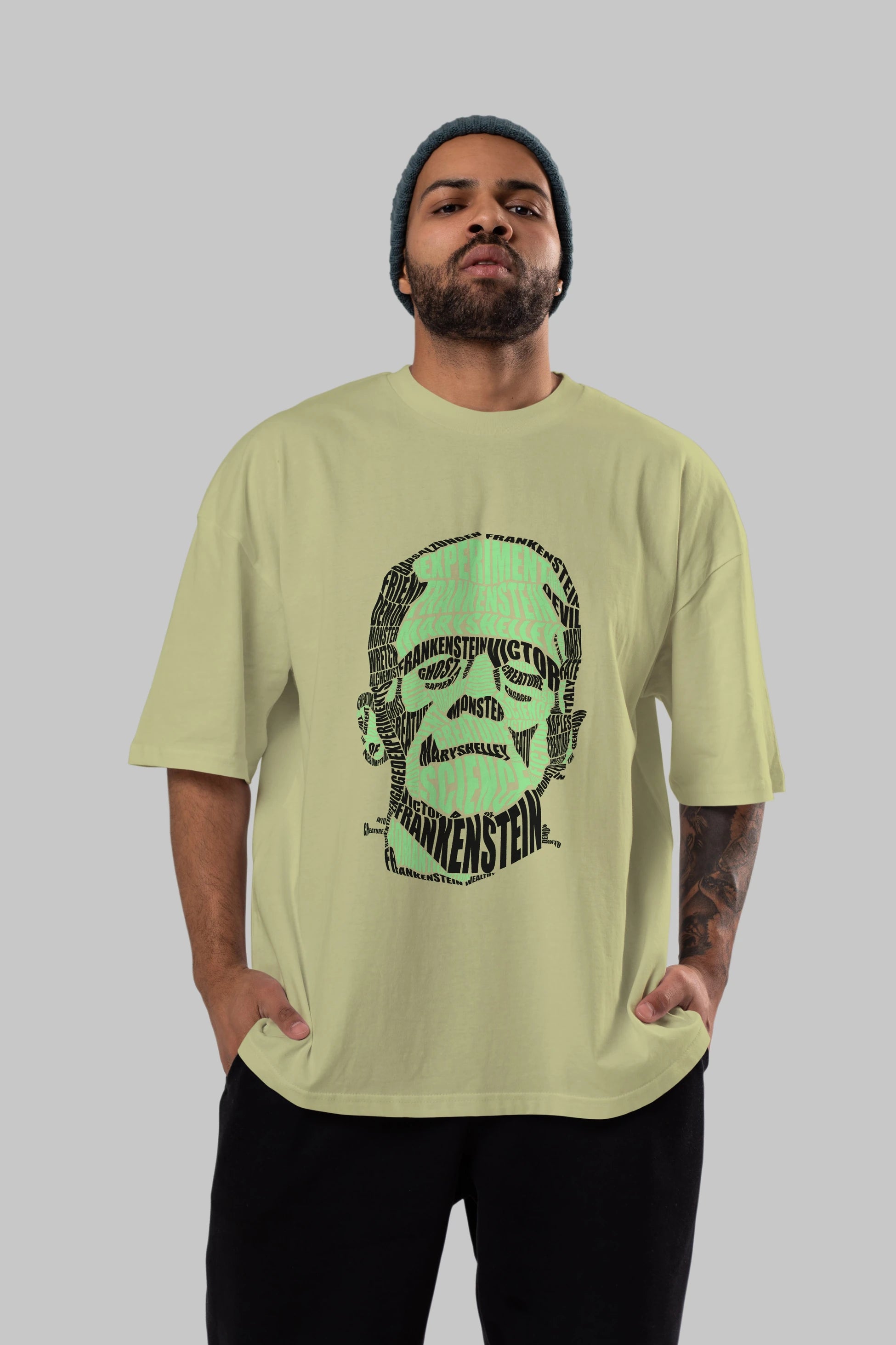 Frankenstein Calligram Ön Baskılı Oversize t-shirt %100 pamuk Erkek Kadın Unisex