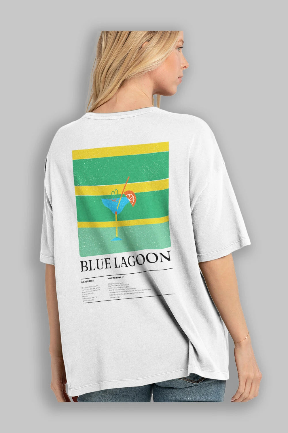 Blue Lagoon Kokteyl Serisi Arka Baskılı Oversize t-shirt Erkek Kadın %100 Pamuk Bisiklet Yaka tişort