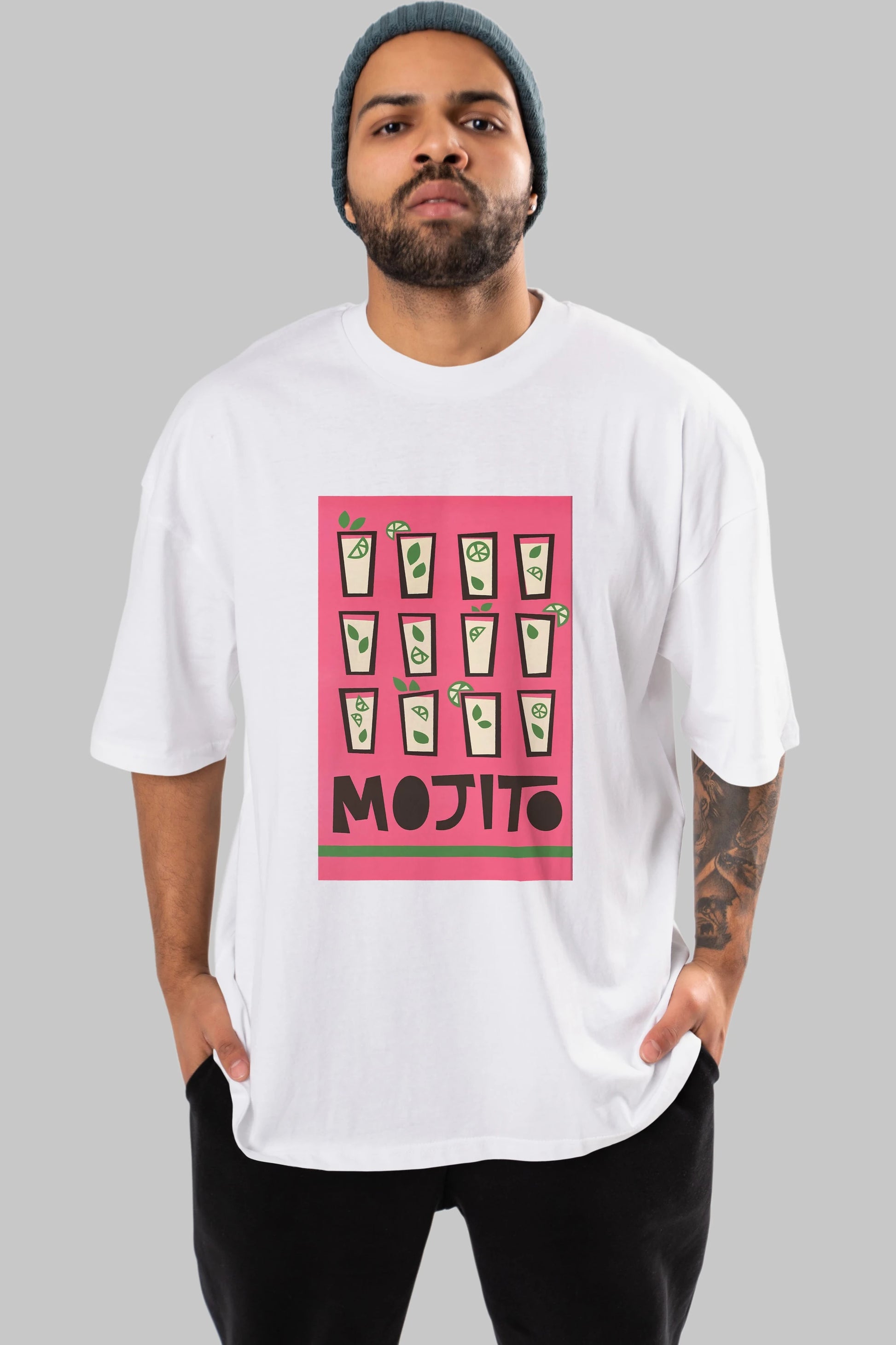 Mojito Ön Baskılı Oversize t-shirt Erkek Kadın Unisex %100 Pamuk Bisiklet Yaka tişort