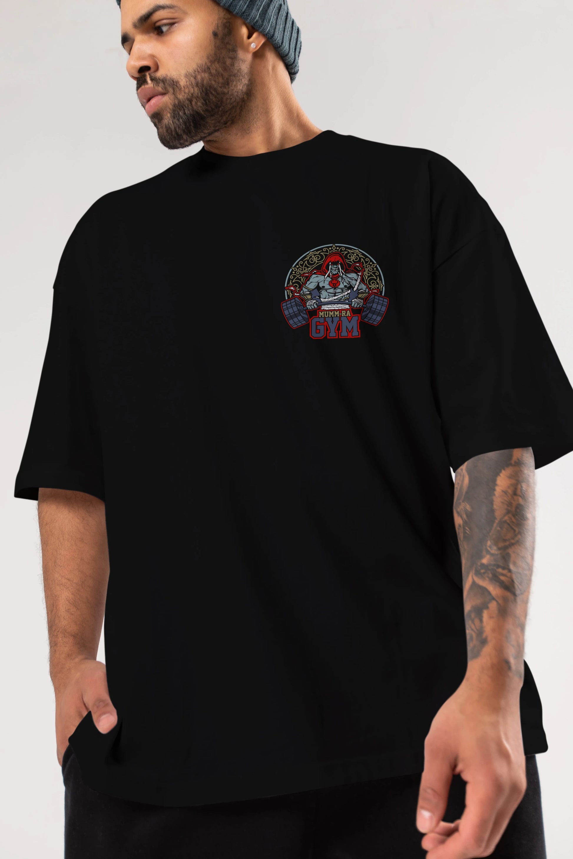 Mumm-ra GYM Ön Sol Baskılı Oversize t-shirt Erkek Kadın Unisex %100 Pamuk Bisiklet Yaka tişort