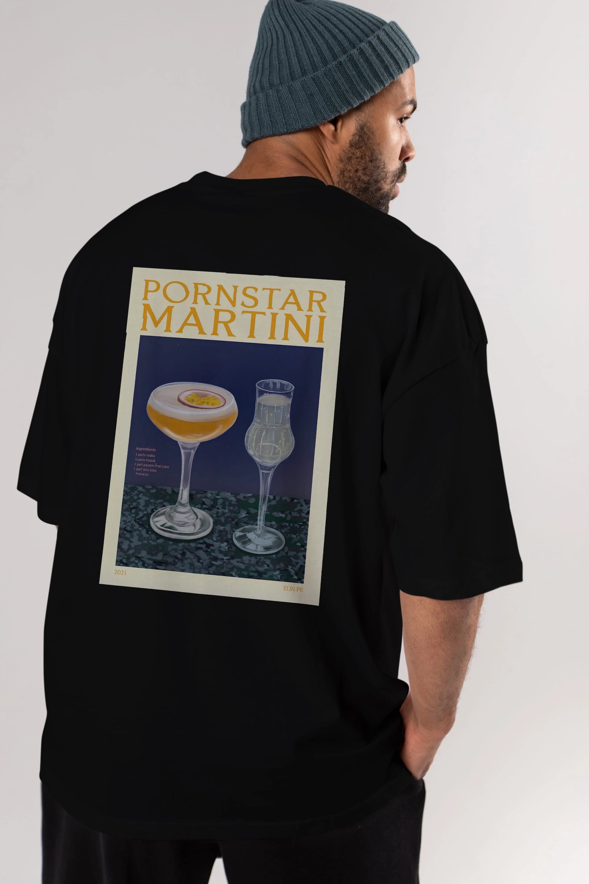 P.rnstar Martini Arka Baskılı Oversize t-shirt Erkek Kadın Unisex %100 Pamuk Bisiklet Yaka tişort