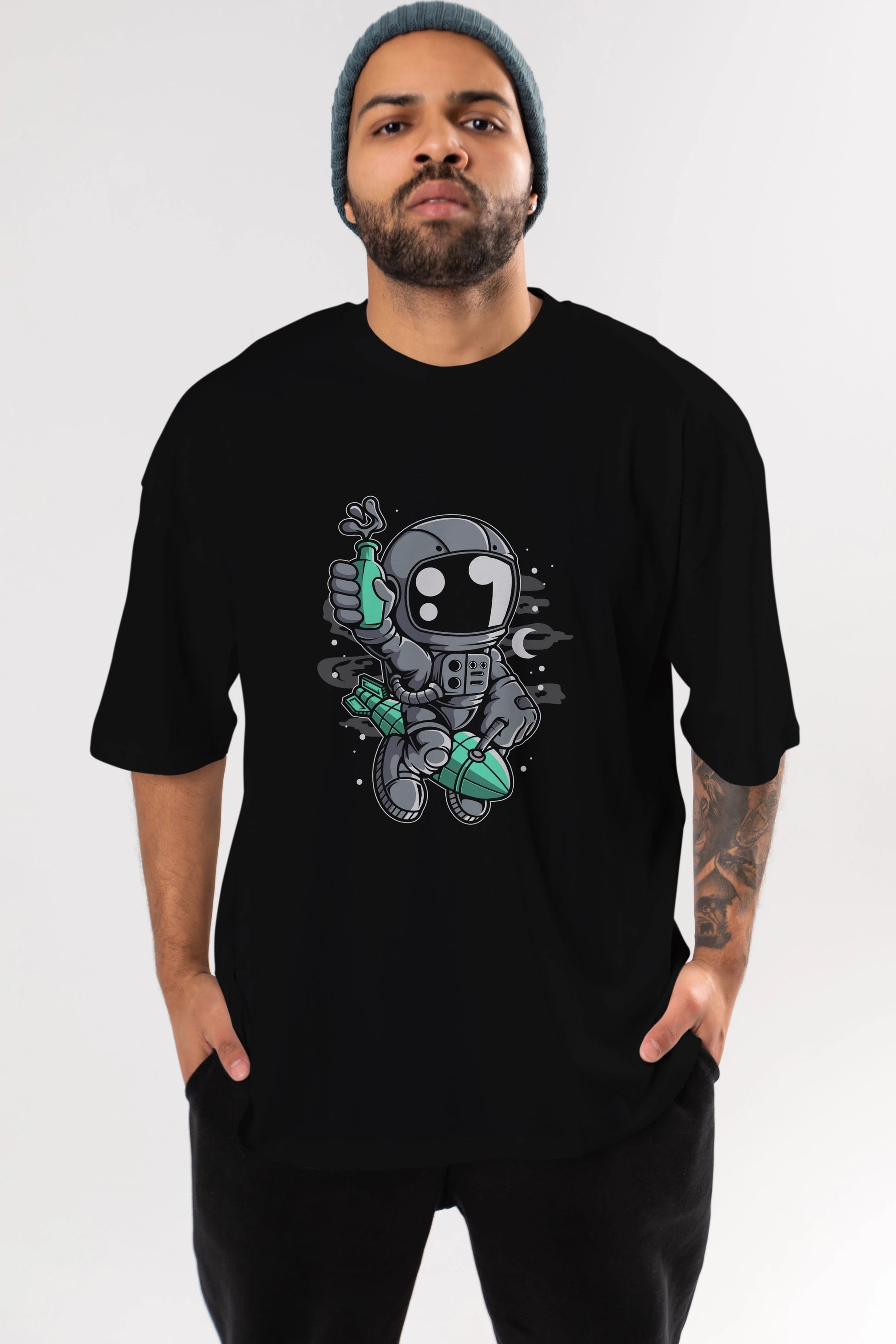 Astronaut Rocket Ön Baskılı Oversize t-shirt Erkek Kadın Unisex