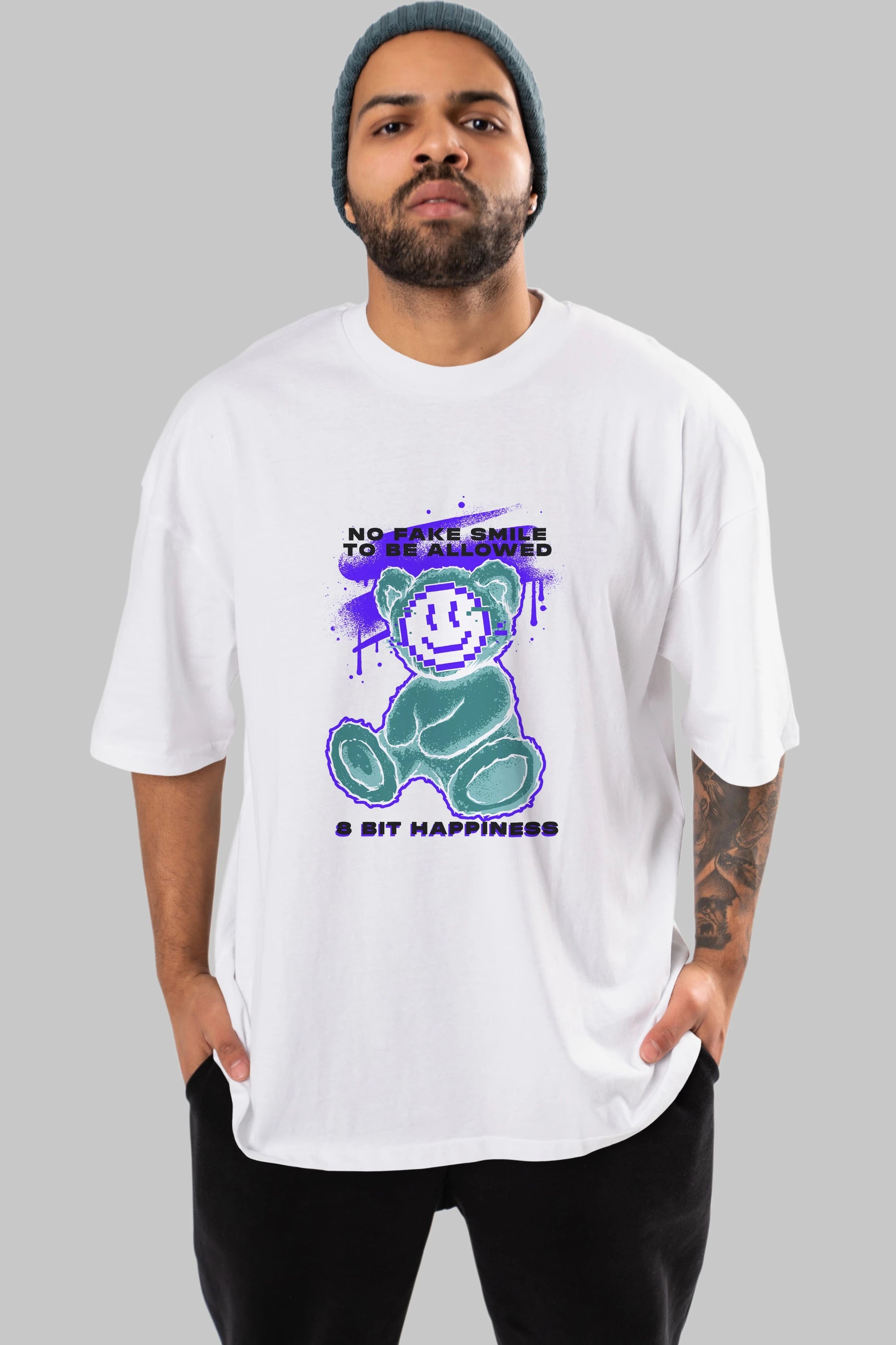 No Fake Smile Bear Ön Baskılı Oversize t-shirt Erkek Kadın Unisex