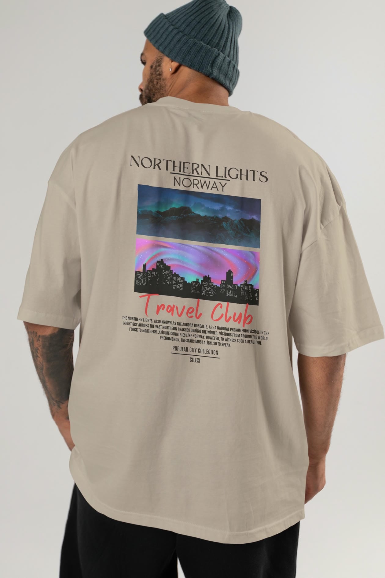 Northern Lights Norway Arka Baskılı Oversize t-shirt Erkek Kadın Pamuk Bisiklet Yaka tişort