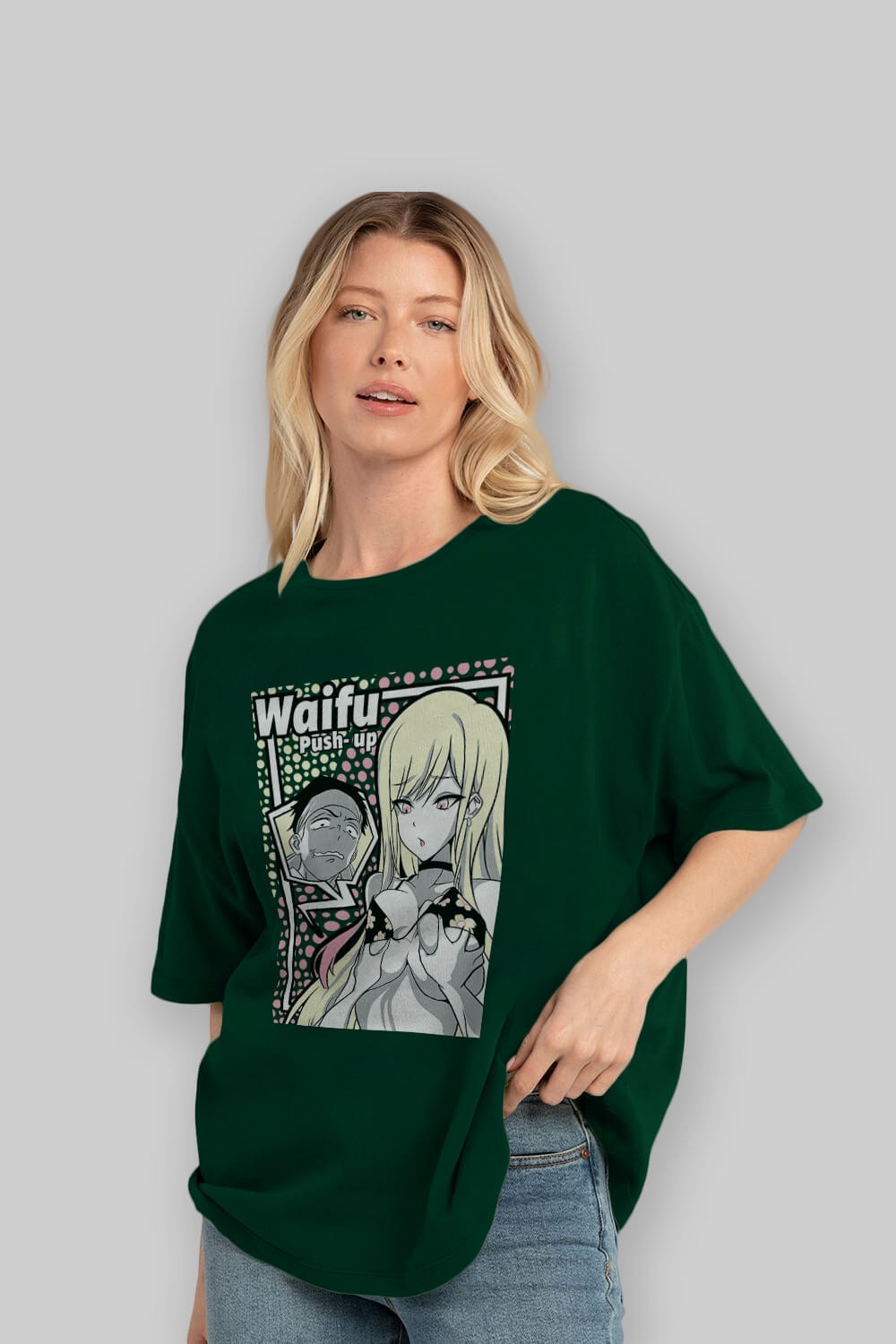 Waifu PushUp Anime Ön Baskılı Oversize t-shirt %100 pamuk Erkek Kadın Unisex