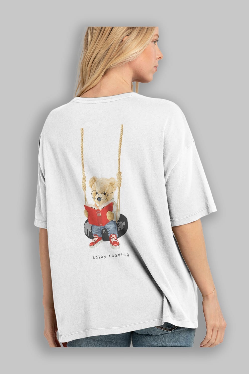 Teddy Bear Enjoy Reading Arka Baskılı Oversize t-shirt Erkek Kadın Unisex %100 Pamuk