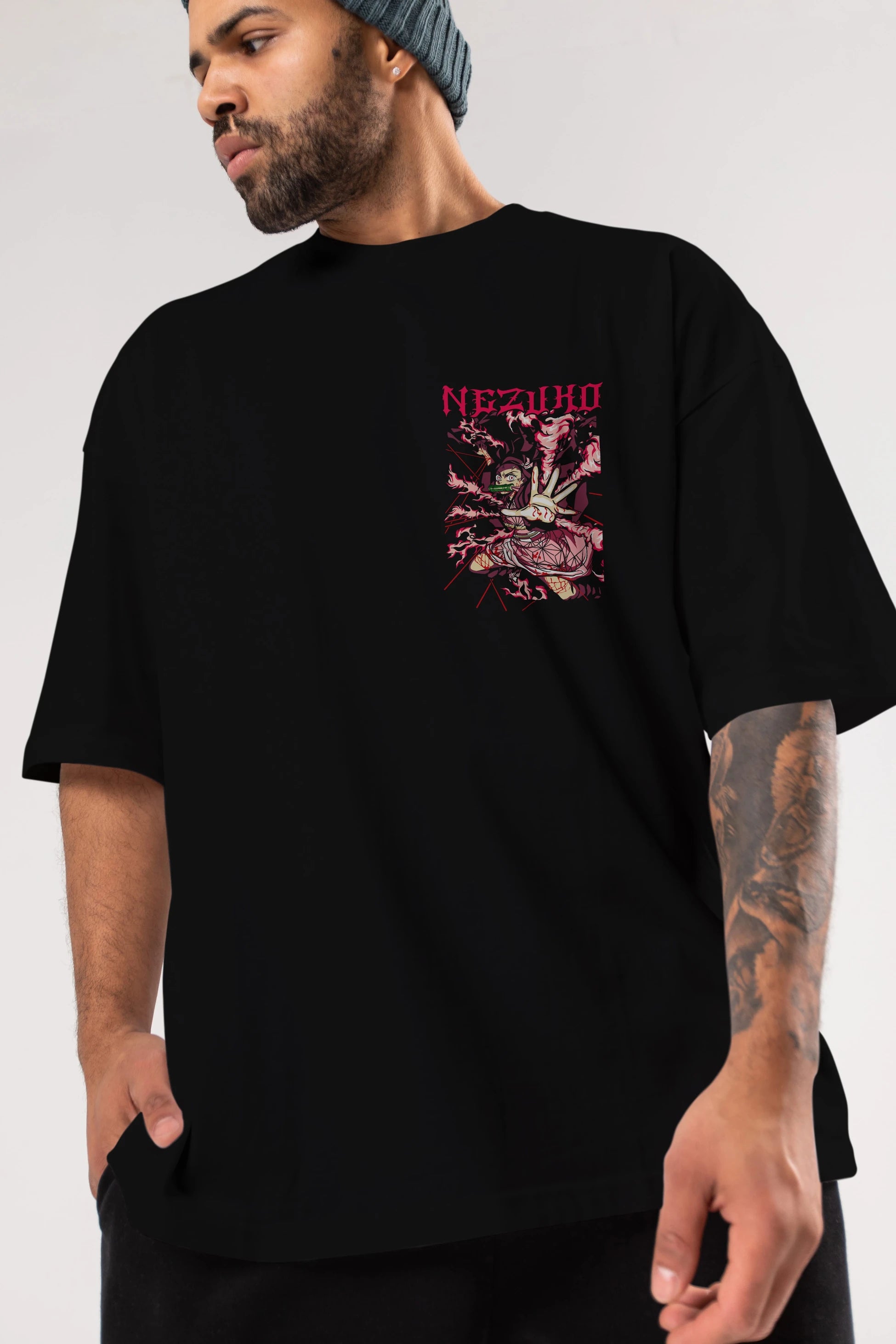 NEZUKO KAMADO Ön Sol Baskılı Oversize t-shirt Erkek Kadın Unisex %100 Pamuk Bisiklet Yaka tişort