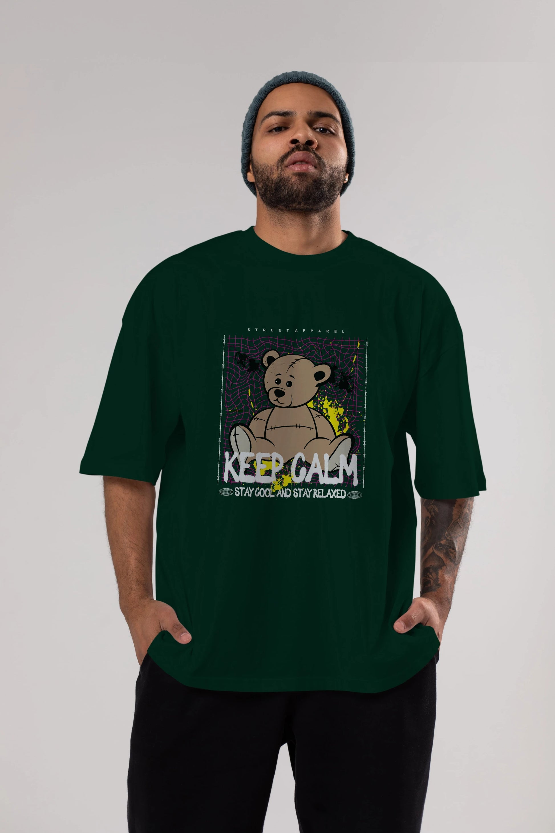 Keep Calm Bear Ön Baskılı Oversize t-shirt Erkek Kadın Unisex