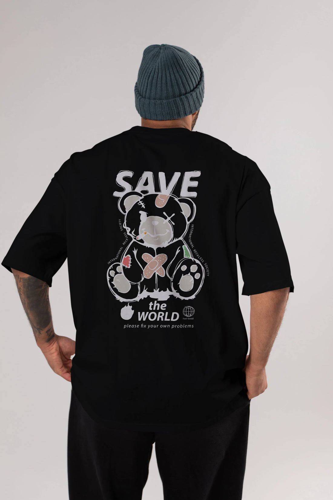 Save the World Bear Arka Baskılı Oversize t-shirt Erkek Kadın Unisex