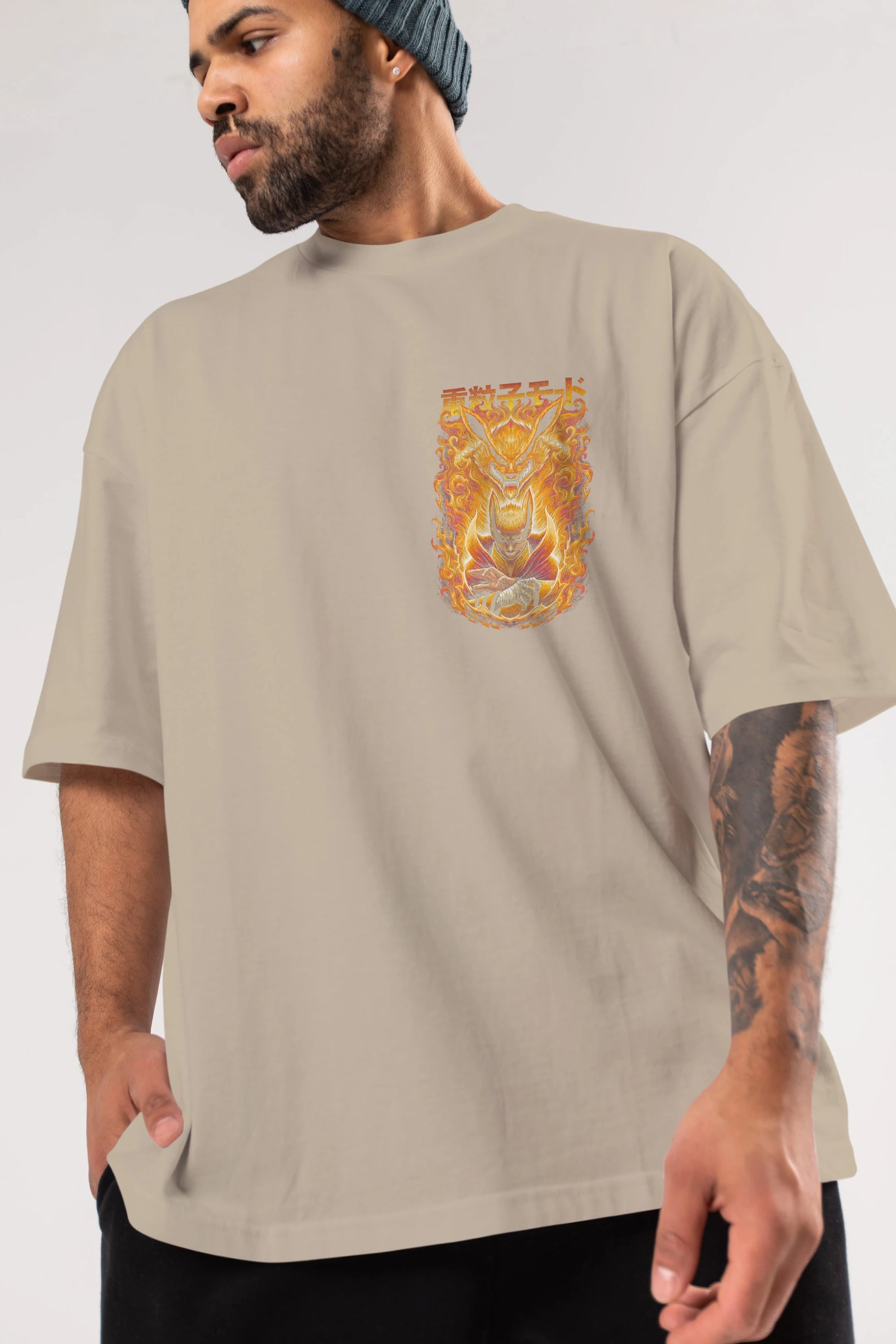 NARUTO KYUUBI 1 Ön Sol Baskılı Oversize t-shirt Erkek Kadın Unisex %100 Pamuk Bisiklet Yaka tişort