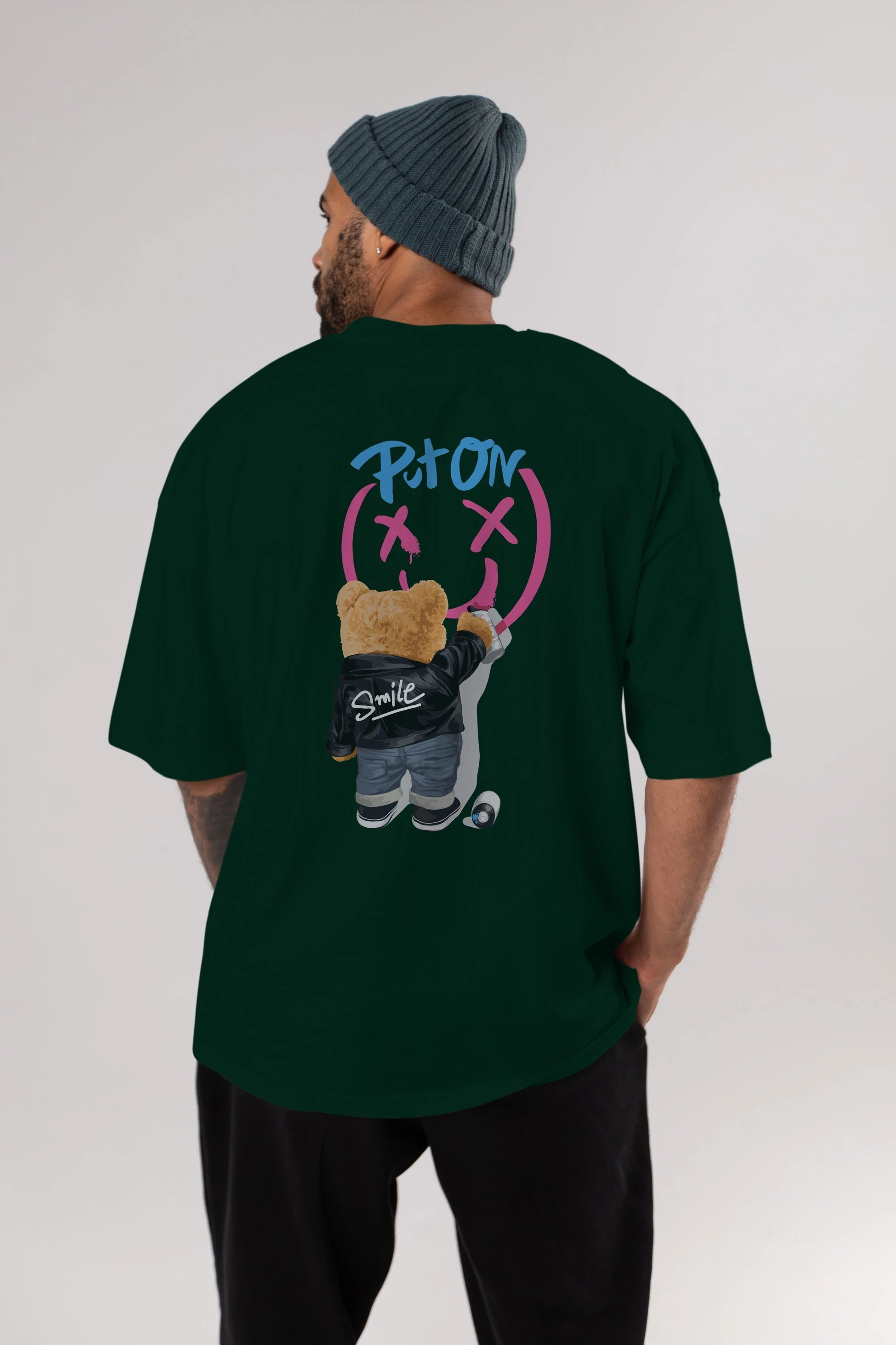 Put on Smile Bear Arka Baskılı Oversize t-shirt Erkek Kadın Unisex