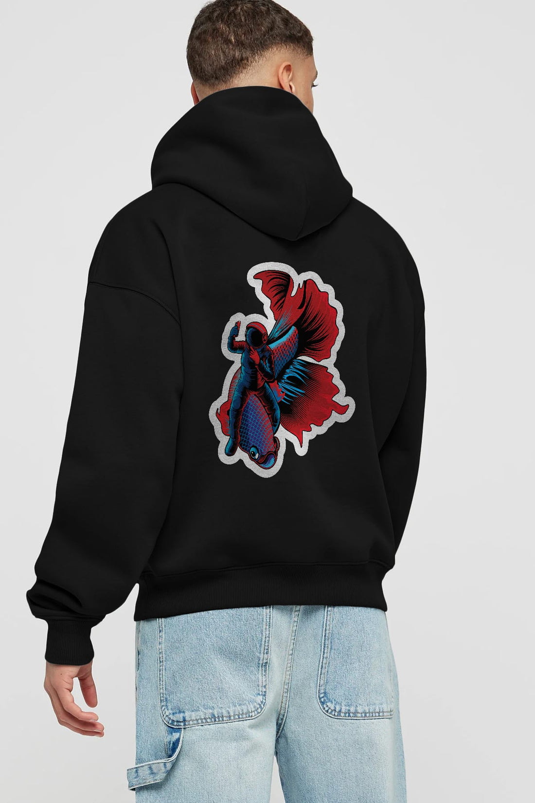 Astrofish selfie sticker Arka Baskılı Hoodie Oversize Kapüşonlu Sweatshirt Erkek Kadın Unisex