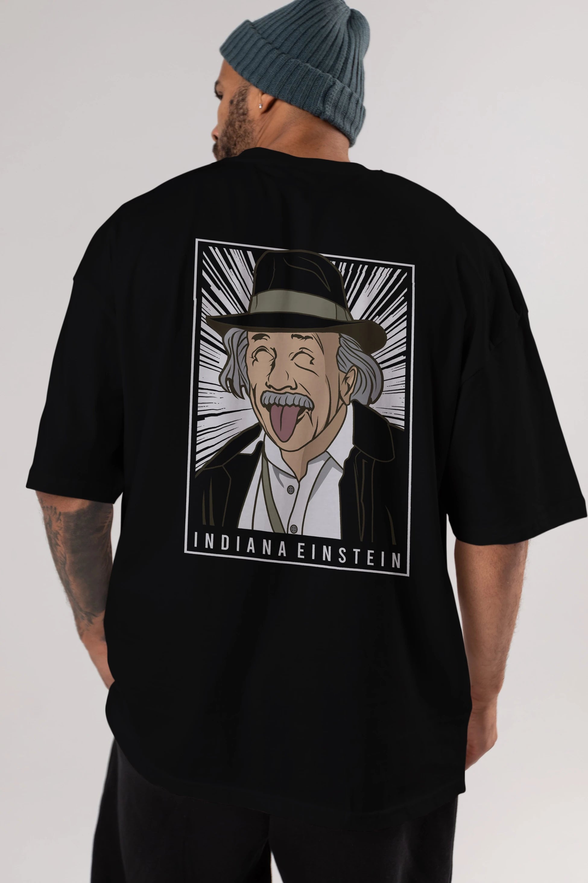 Indiana Jones Einstein Arka Baskılı Oversize t-shirt Erkek Kadın Unisex %100 Pamuk tişort