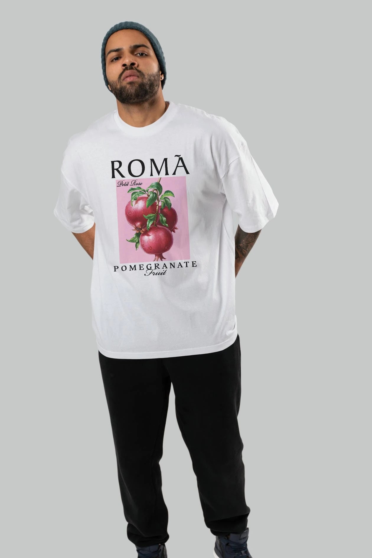 Roma Pomegranate Nar Ön Baskılı Oversize t-shirt Erkek Kadın Pamuk Bisiklet Yaka tişort