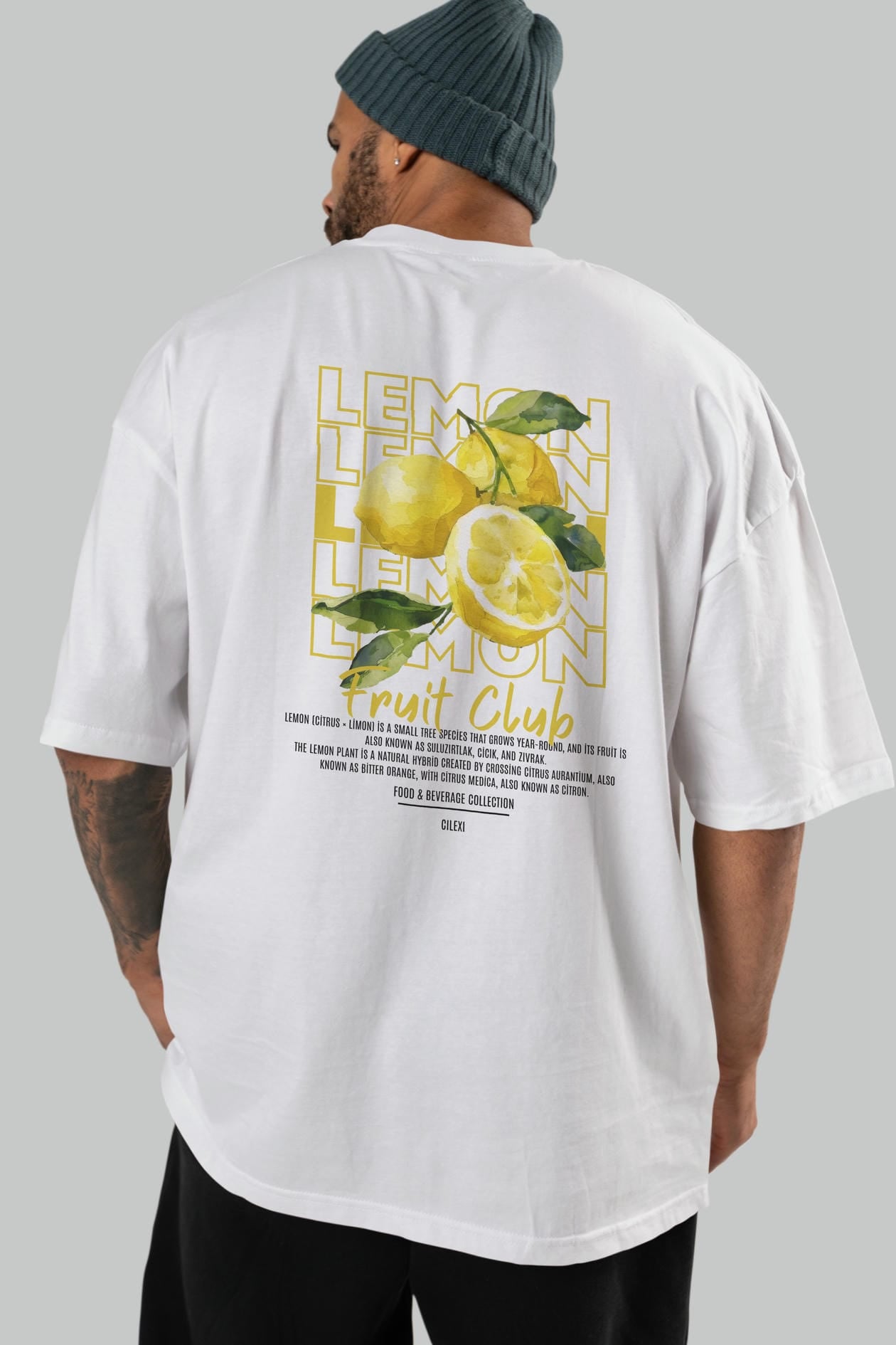 Lemon Arka Baskılı Oversize t-shirt Erkek Kadın Pamuk Bisiklet Yaka tişort