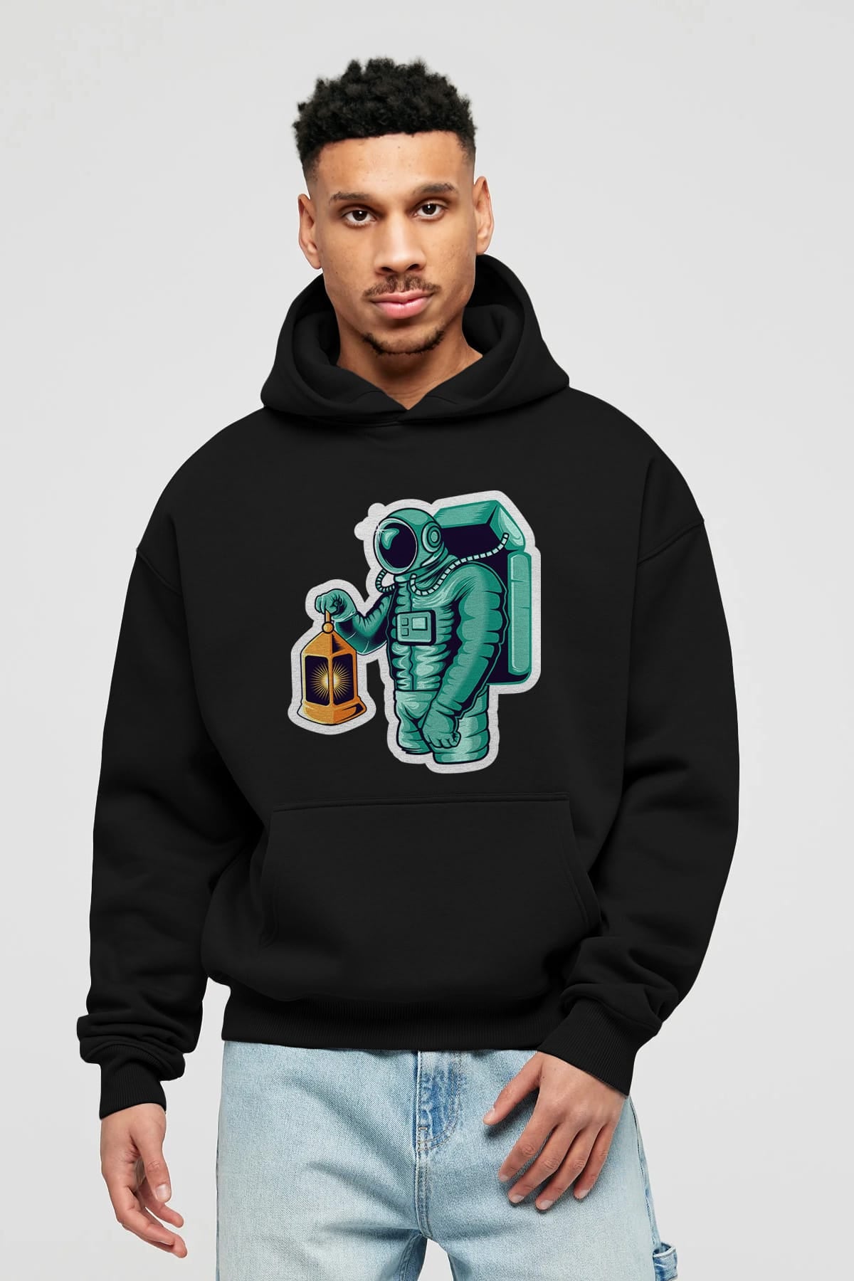 Astronaut Lantern Sticker Ön Baskılı Hoodie Oversize Kapüşonlu Sweatshirt Erkek Kadın Unisex