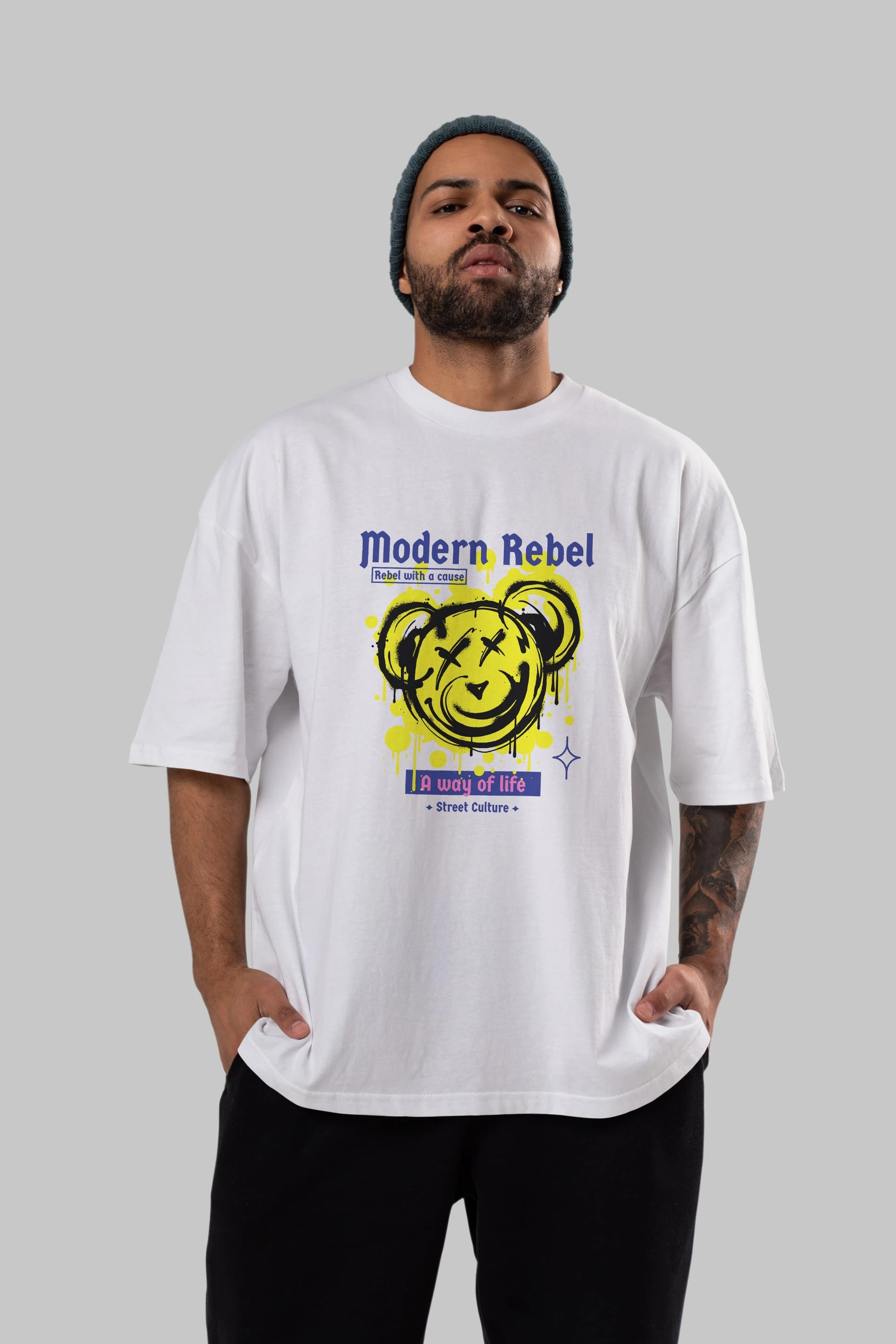 Modern Rebel Bear Ön Baskılı Oversize t-shirt Erkek Kadın Unisex