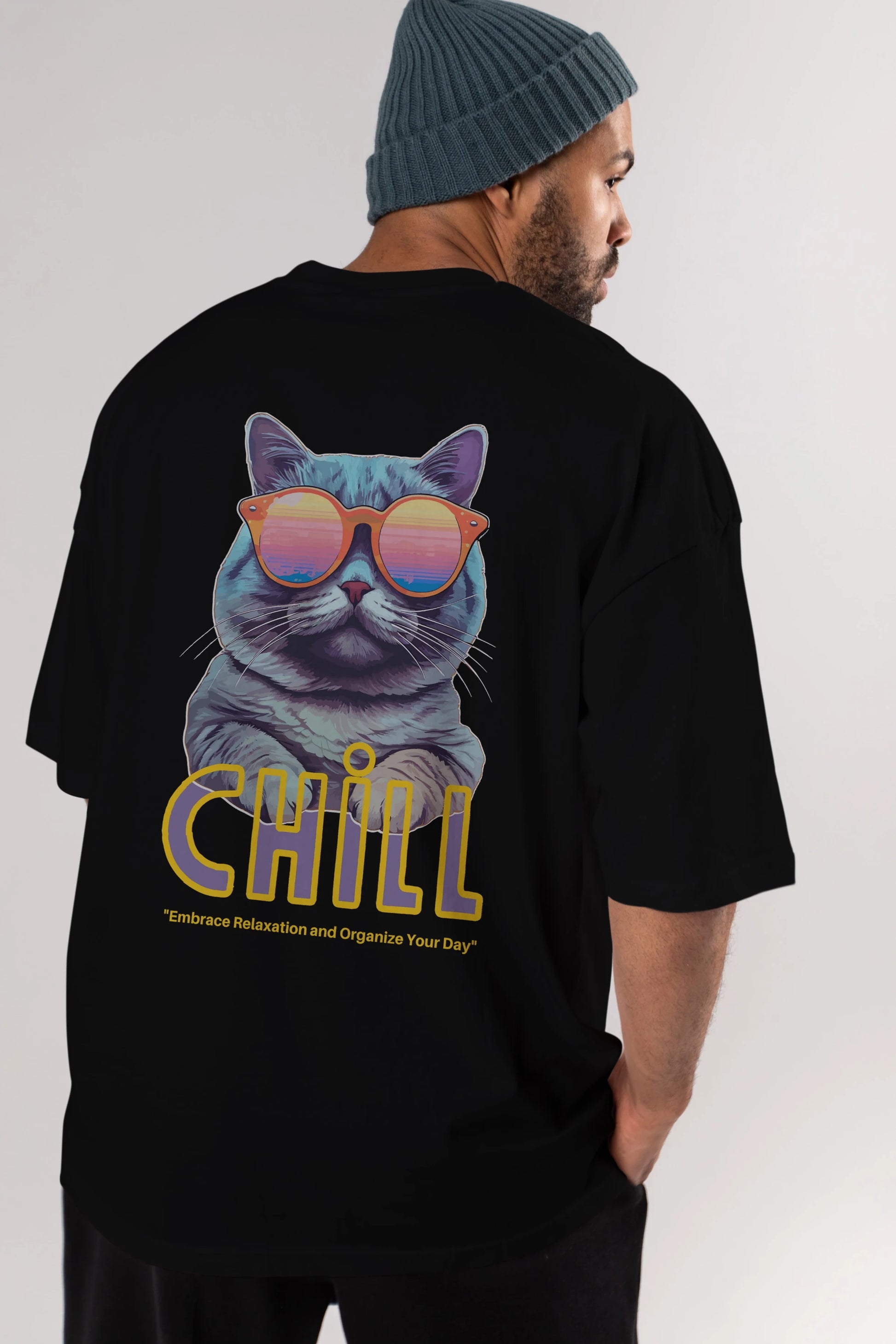 Chill Cat Arka Baskılı Oversize t-shirt Erkek Kadın Unisex
