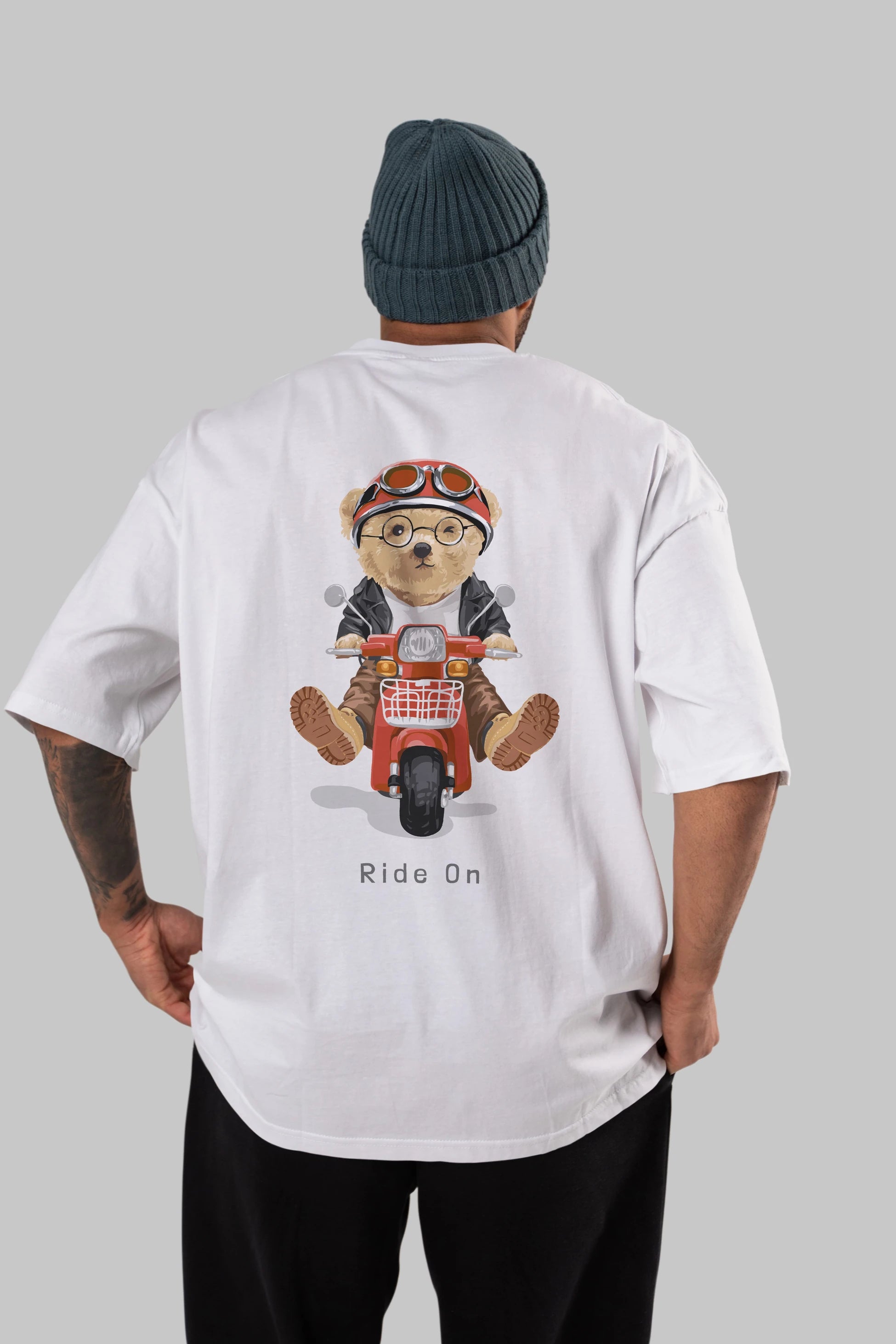 Teddy Bear Ride On Arka Baskılı Oversize t-shirt Erkek Kadın Unisex %100 Pamuk