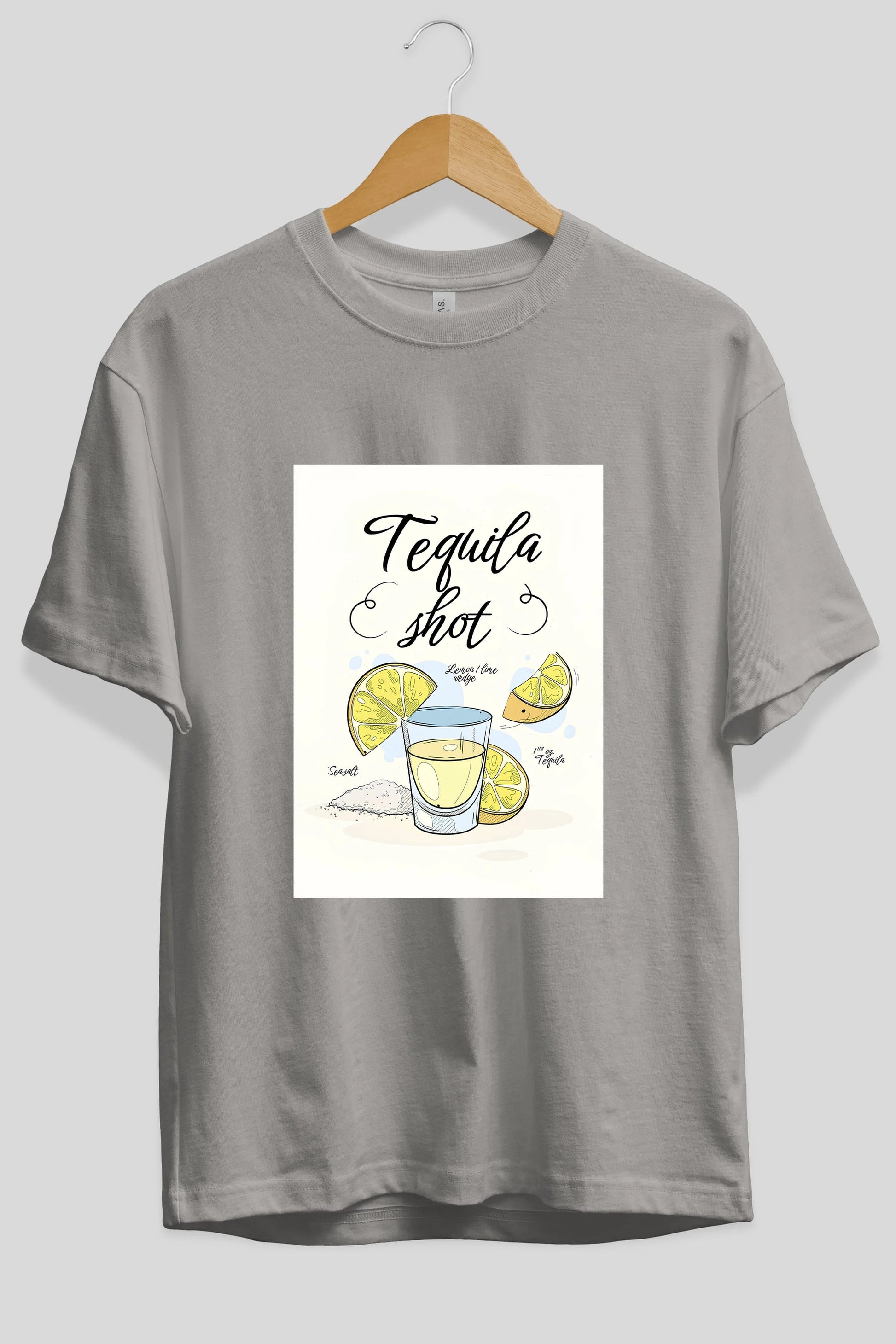 Tequila Shot Ön Baskılı Oversize t-shirt Erkek Kadın Unisex %100 Pamuk Bisiklet Yaka tişort