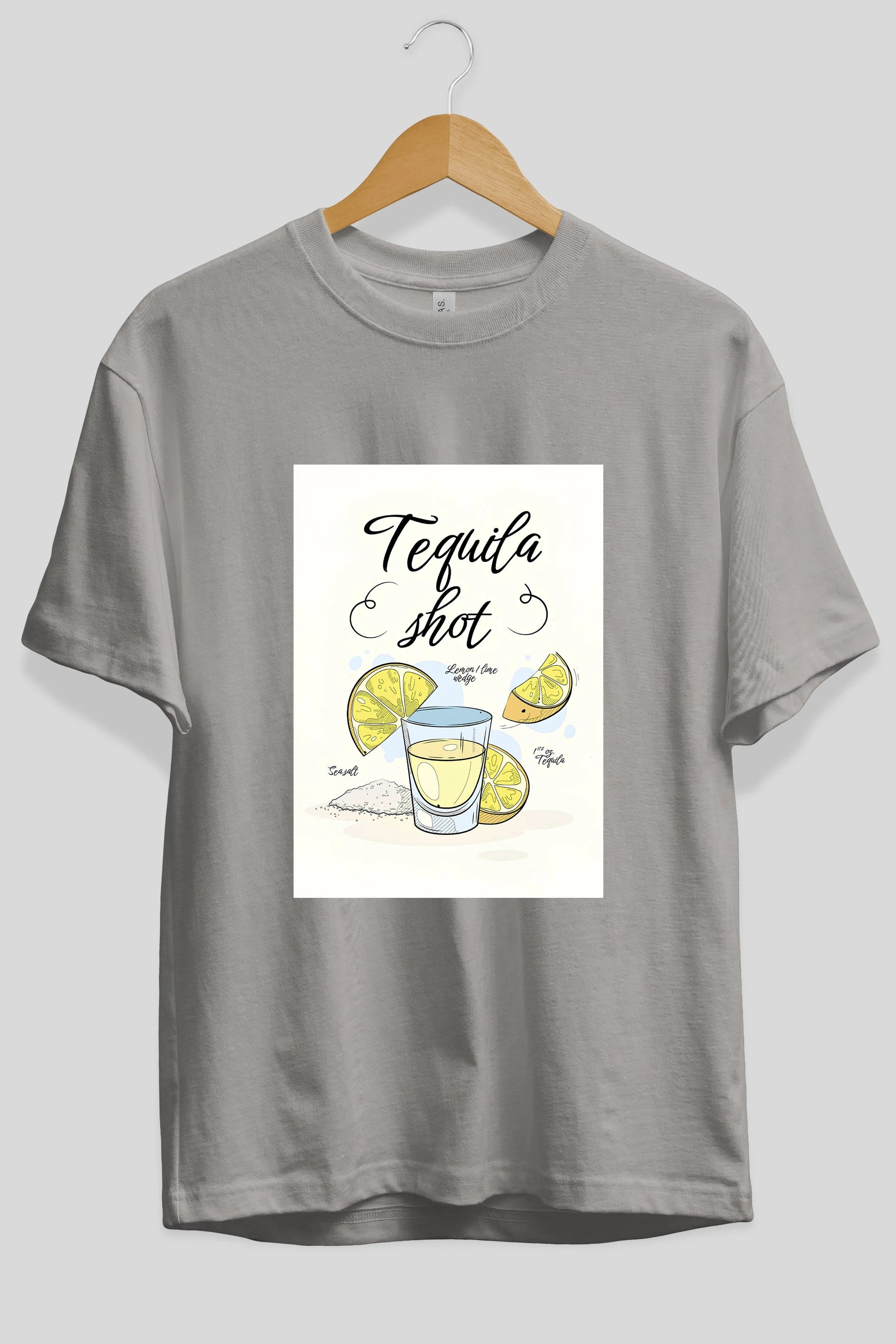 Tequila Shot Ön Baskılı Oversize t-shirt Erkek Kadın Unisex %100 Pamuk Bisiklet Yaka tişort