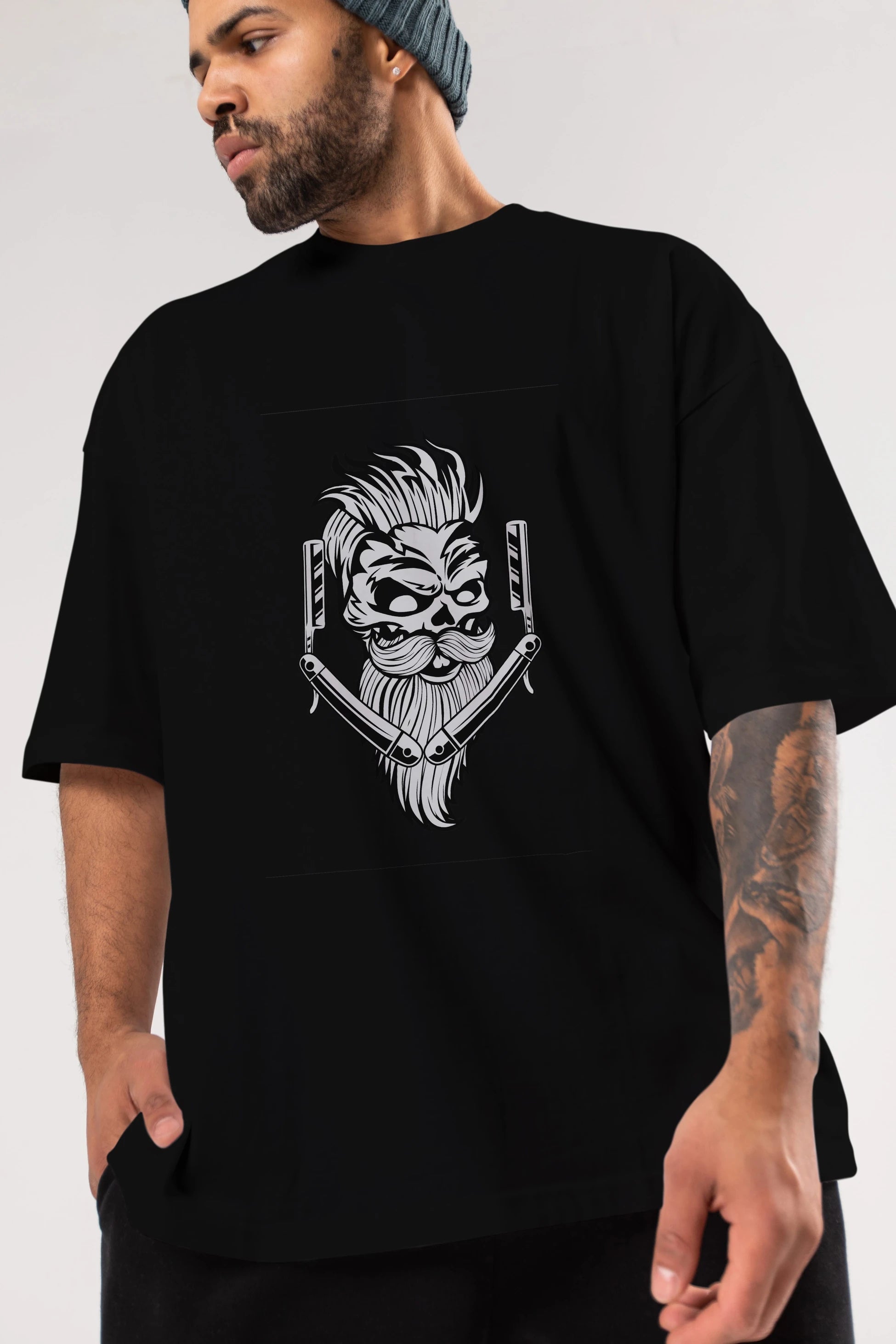 Skull Beard Ön Baskılı Oversize t-shirt Erkek Kadın Unisex %100 Pamuk tişort