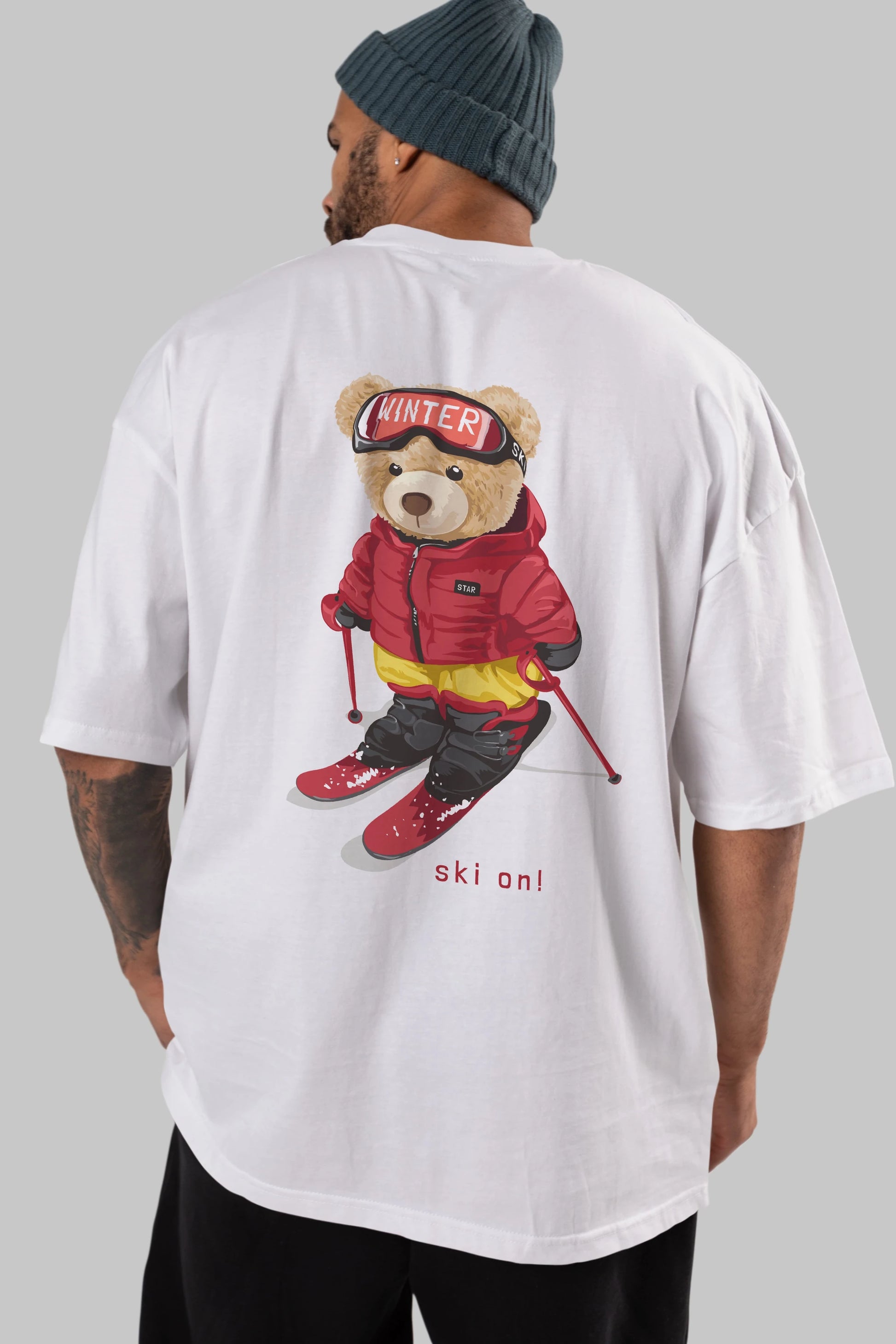 Teddy Bear Ski On Arka Baskılı Oversize t-shirt Erkek Kadın Unisex %100 Pamuk