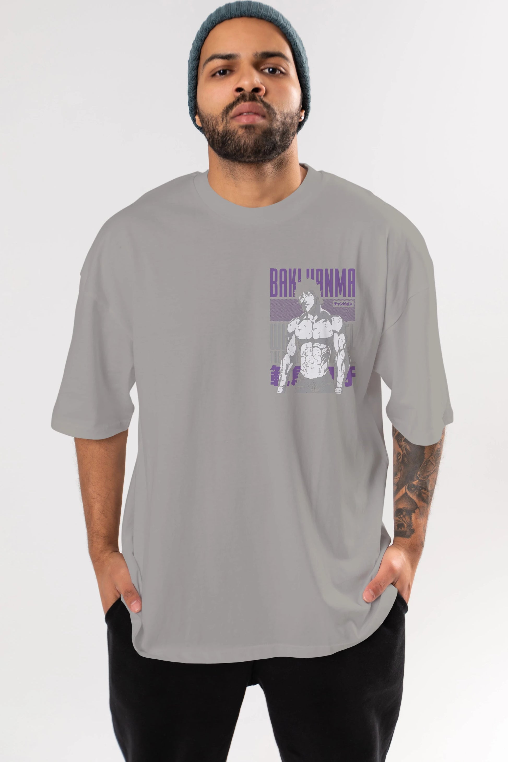 BAKI HANMA (2) Ön Sol Baskılı Oversize t-shirt Erkek Kadın Unisex %100 Pamuk Bisiklet Yaka tişort