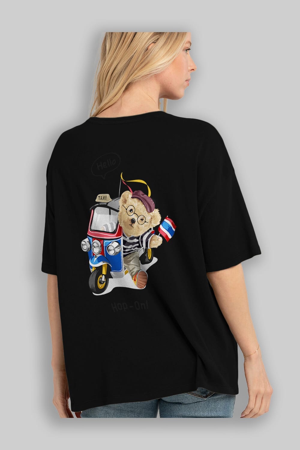 Teddy Bear Hop-On Arka Baskılı Oversize t-shirt Erkek Kadın Unisex %100 Pamuk