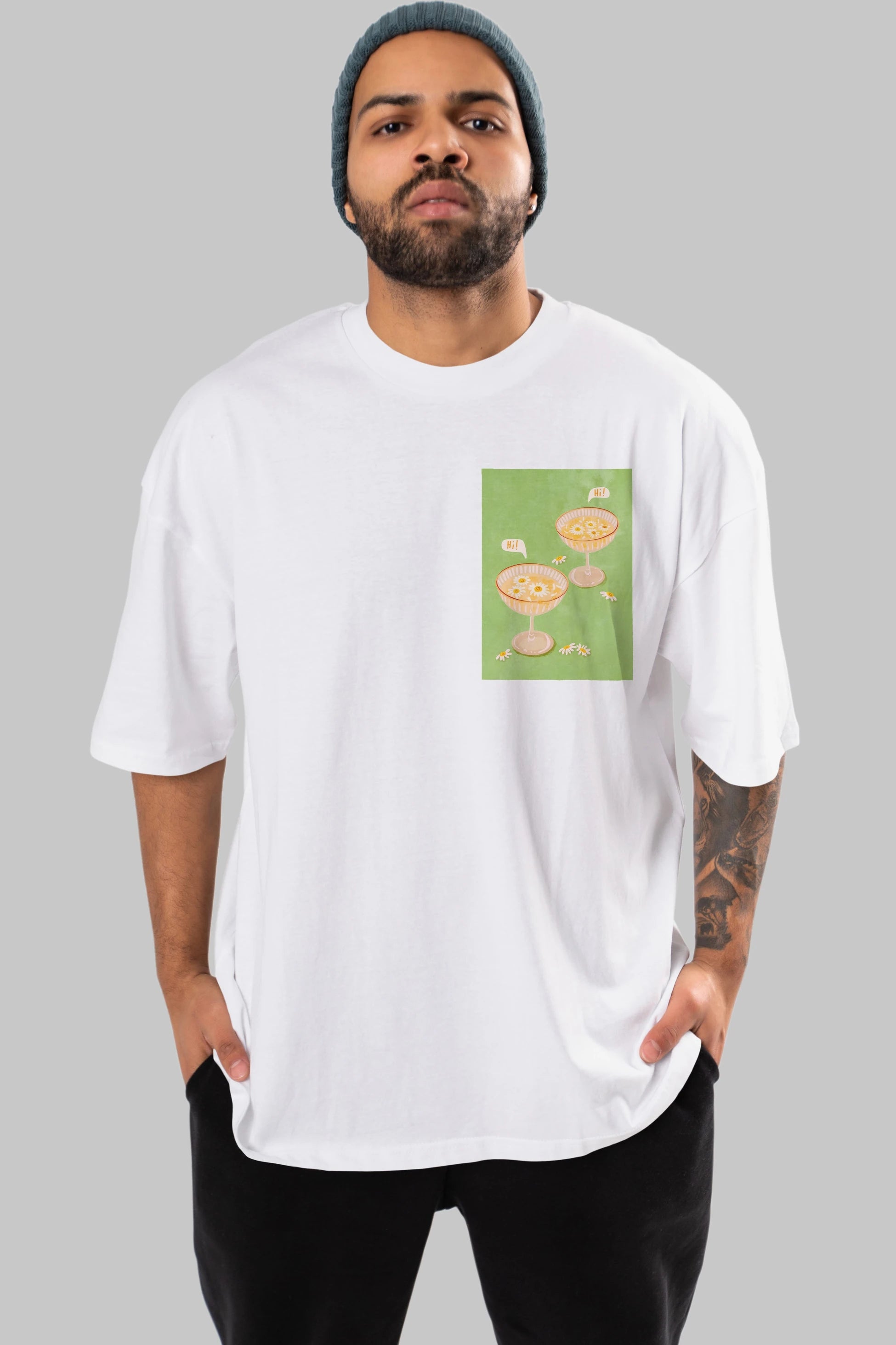 Hi Cheers Ön Sol Baskılı Oversize t-shirt Erkek Kadın Unisex %100 Pamuk Bisiklet Yaka tişort