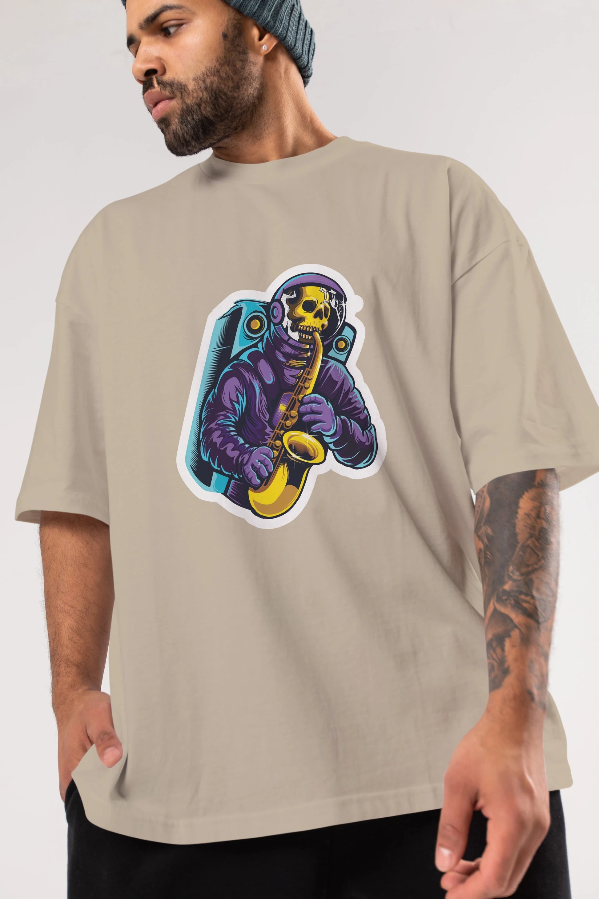 Astroskull Saxophonist Sticker Ön Baskılı Oversize t-shirt Erkek Kadın Unisex