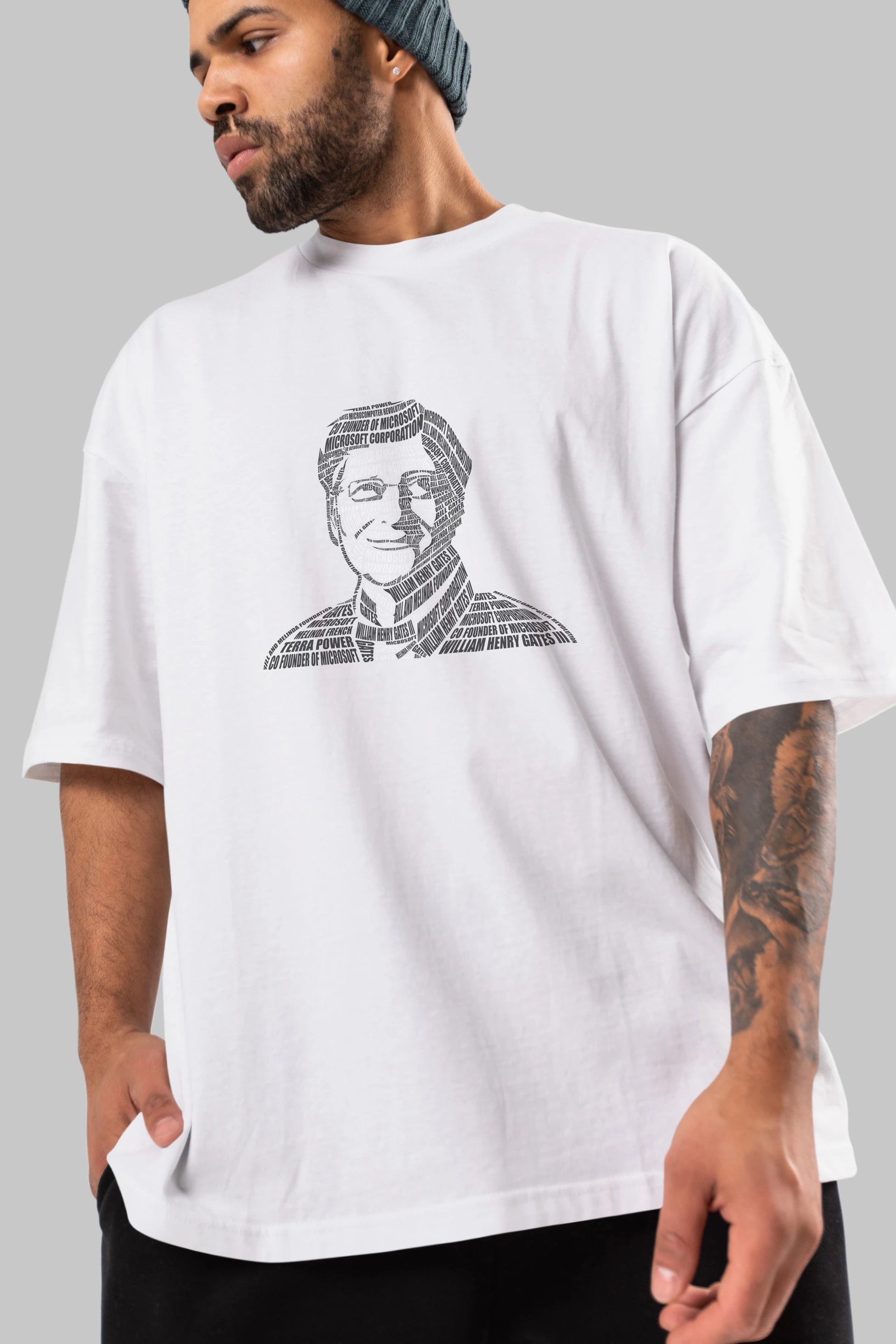 Bill Gates Calligram Ön Baskılı Oversize t-shirt %100 pamuk Erkek Kadın Unisex