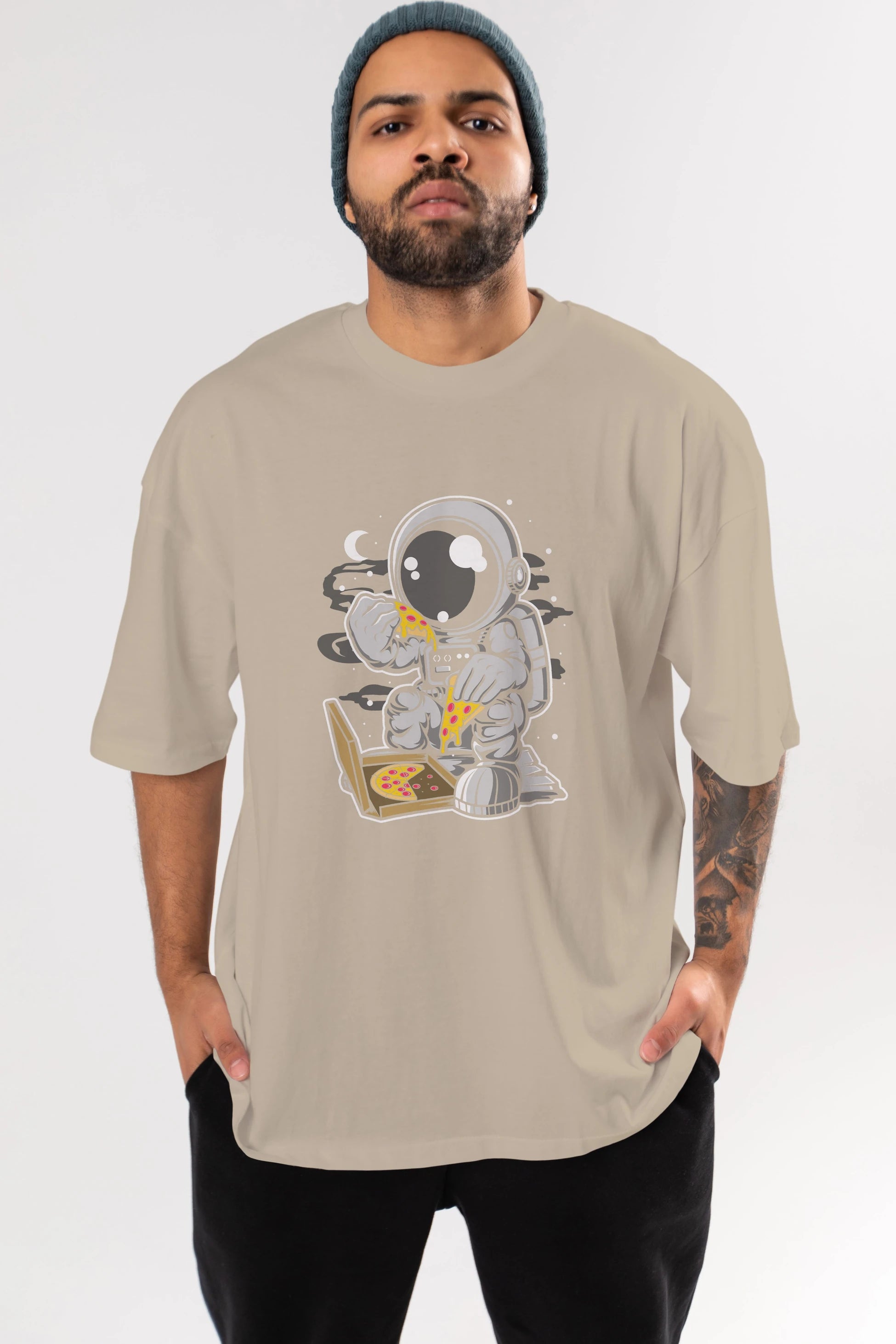 Astronaut Pizza Ön Baskılı Oversize t-shirt Erkek Kadın Unisex
