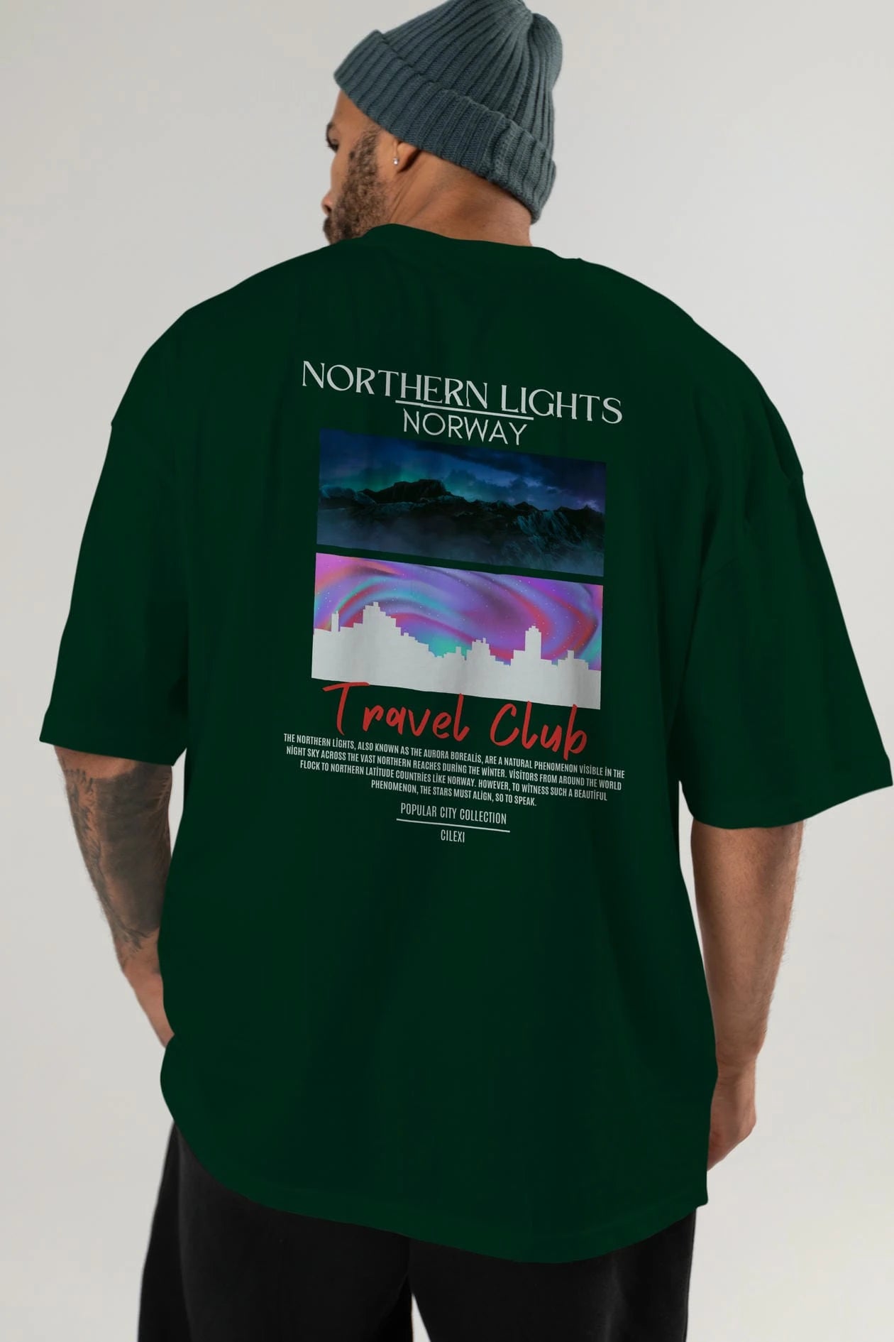 Northern Lights Norway Arka Baskılı Oversize t-shirt Erkek Kadın Pamuk Bisiklet Yaka tişort