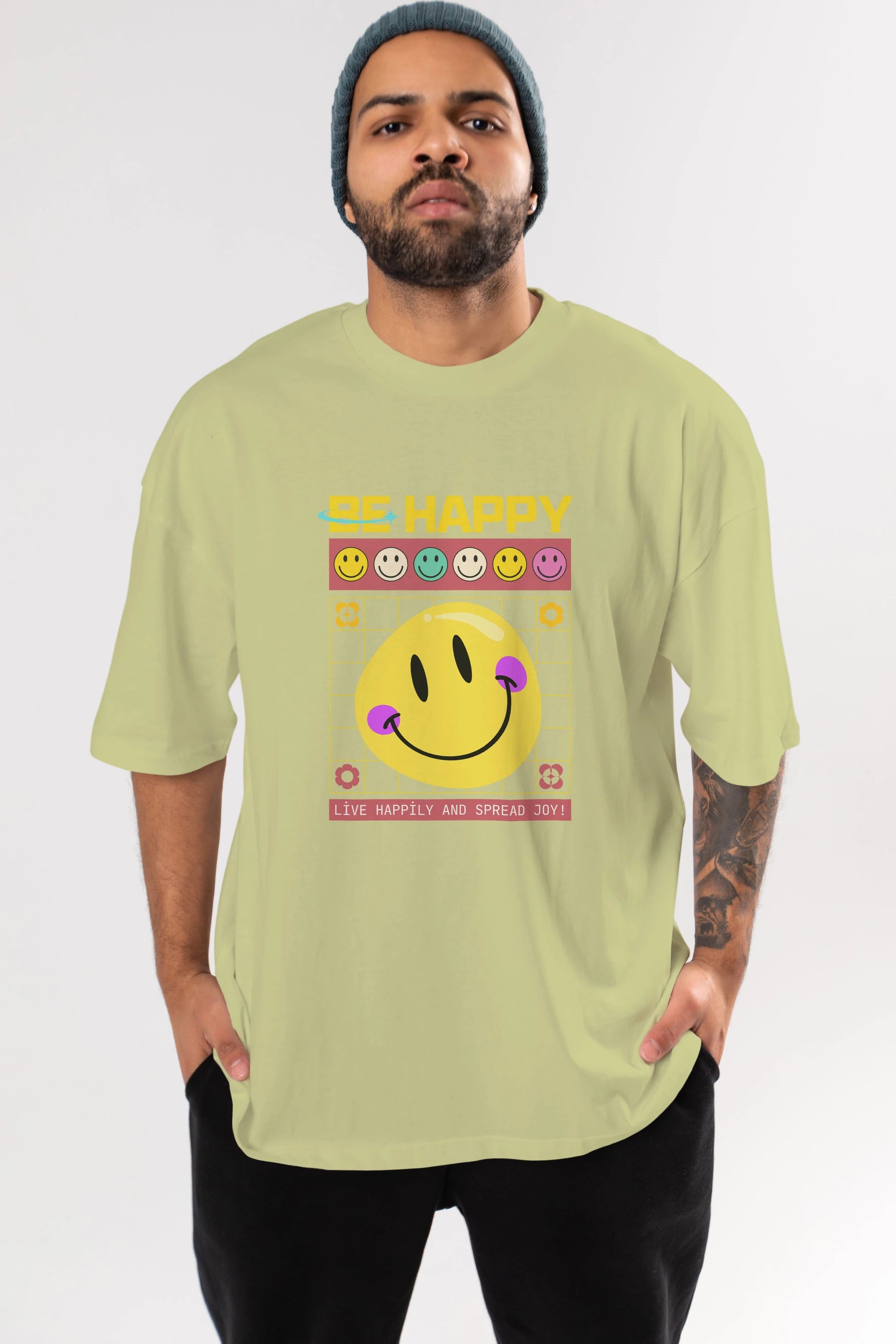 Be Happy Yazılı Ön Baskılı Oversize t-shirt Erkek Kadın Unisex