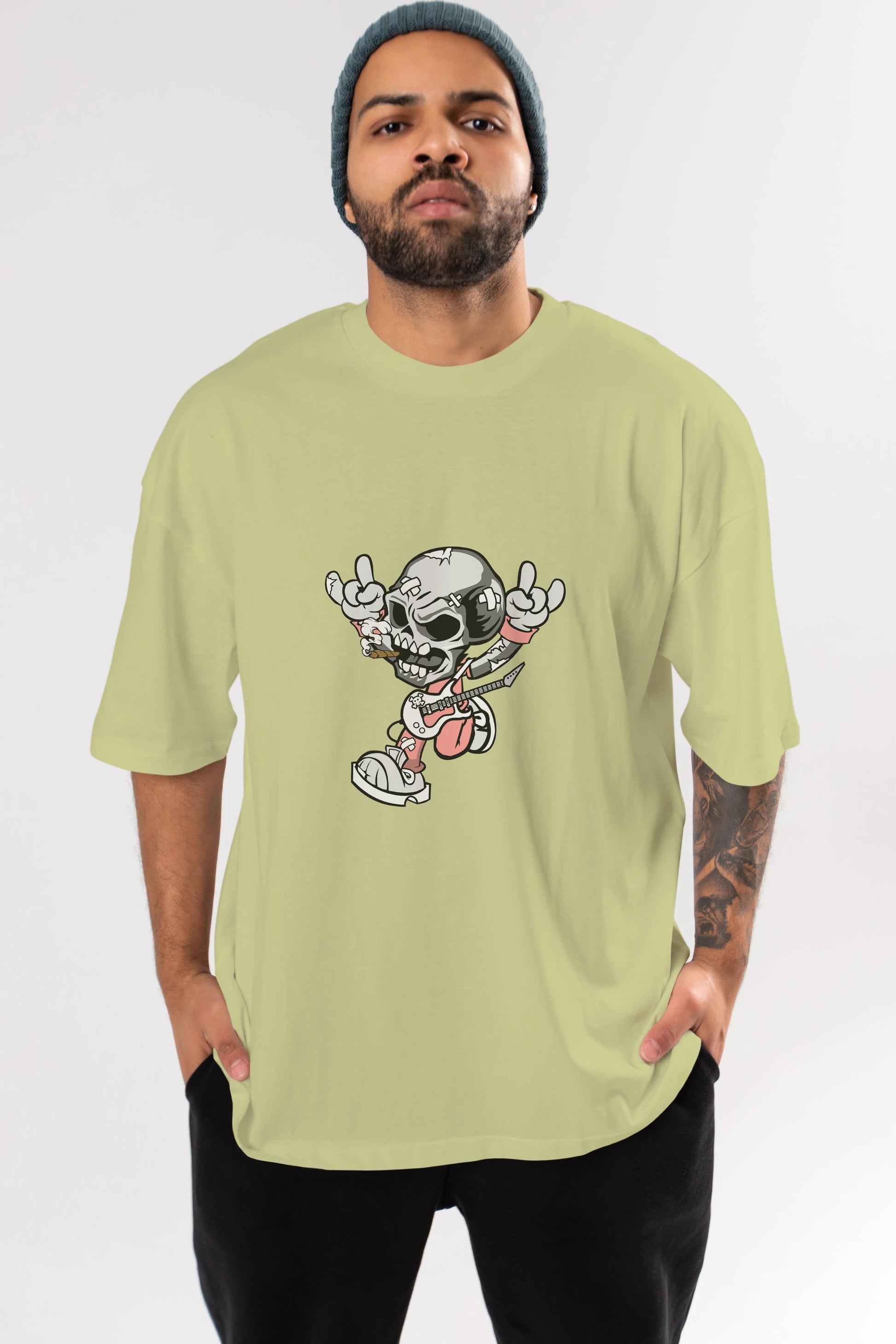 Skull Metal Sign Ön Baskılı Oversize t-shirt Erkek Kadın Unisex %100 Pamuk tişort