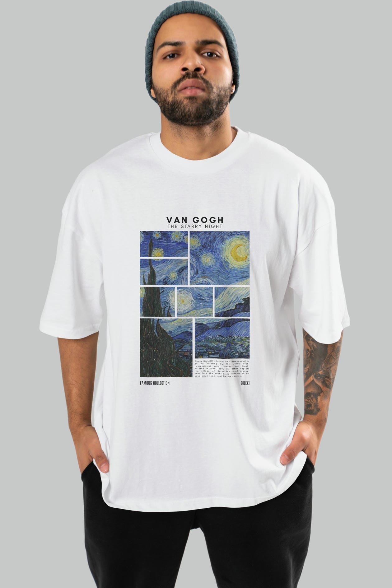 Van Gogh The Starry Night ön Baskılı Oversize t-shirt Erkek Kadın Bisiklet Yaka Pamuk tişort
