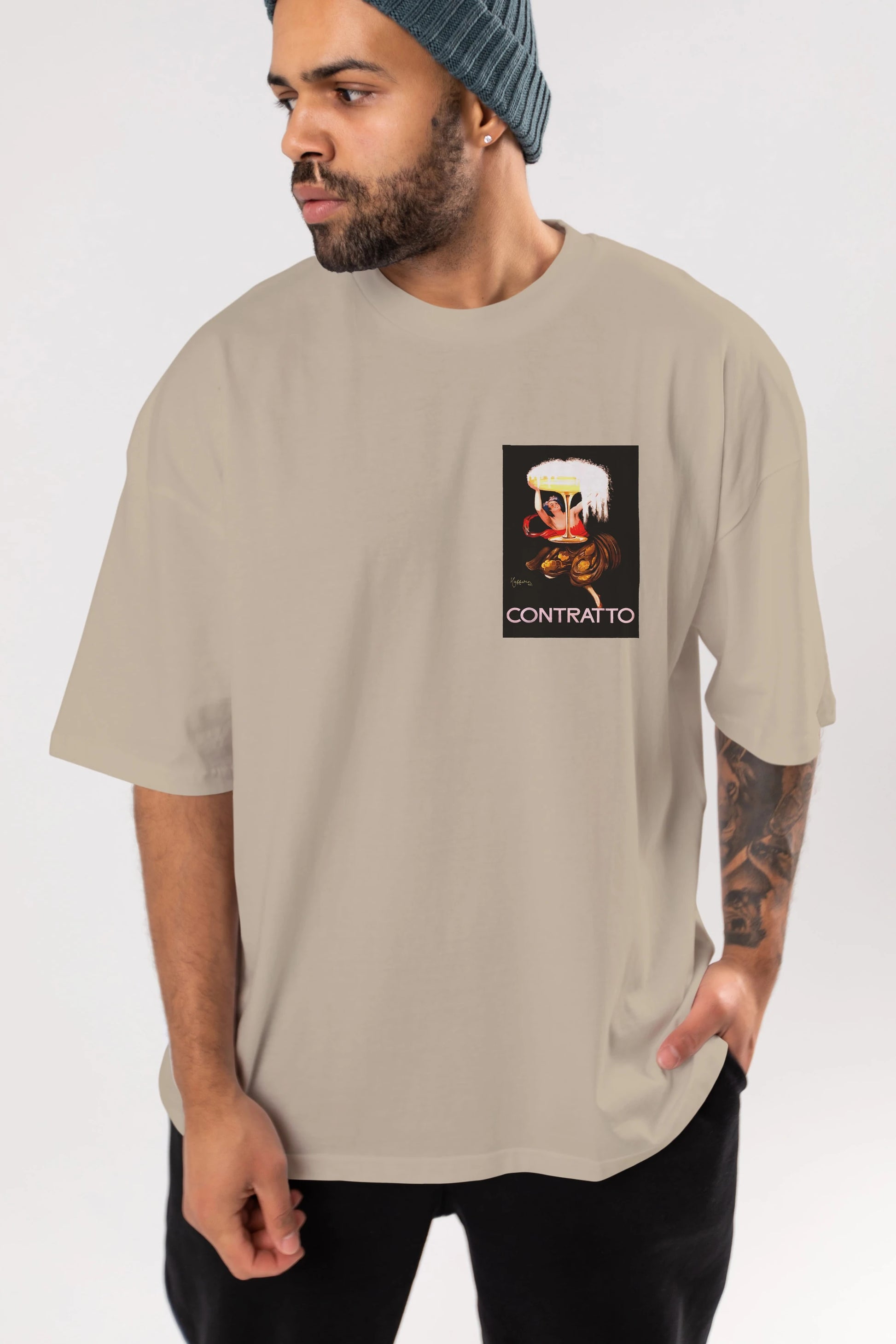 Contratto Ön Sol Baskılı Oversize t-shirt Erkek Kadın Unisex %100 Pamuk Bisiklet Yaka tişort