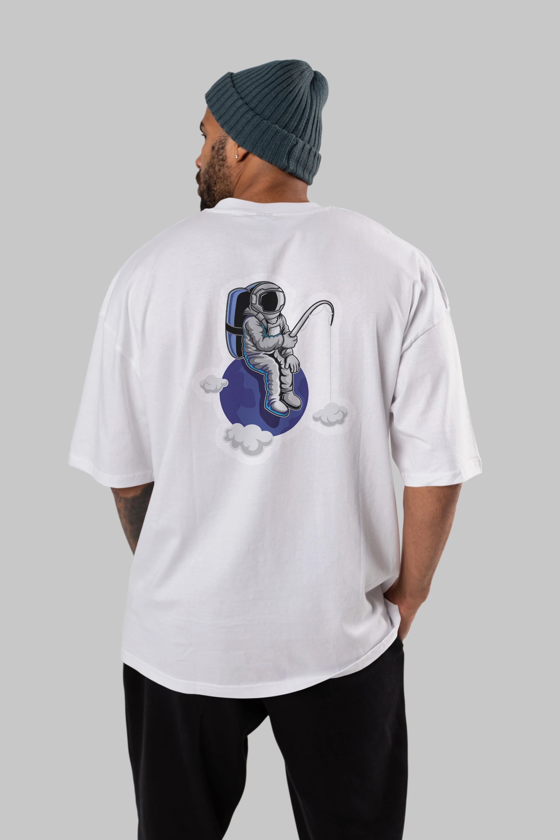 Astronaut Fishing Sticker Arka Baskılı Oversize t-shirt Erkek Kadın Unisex