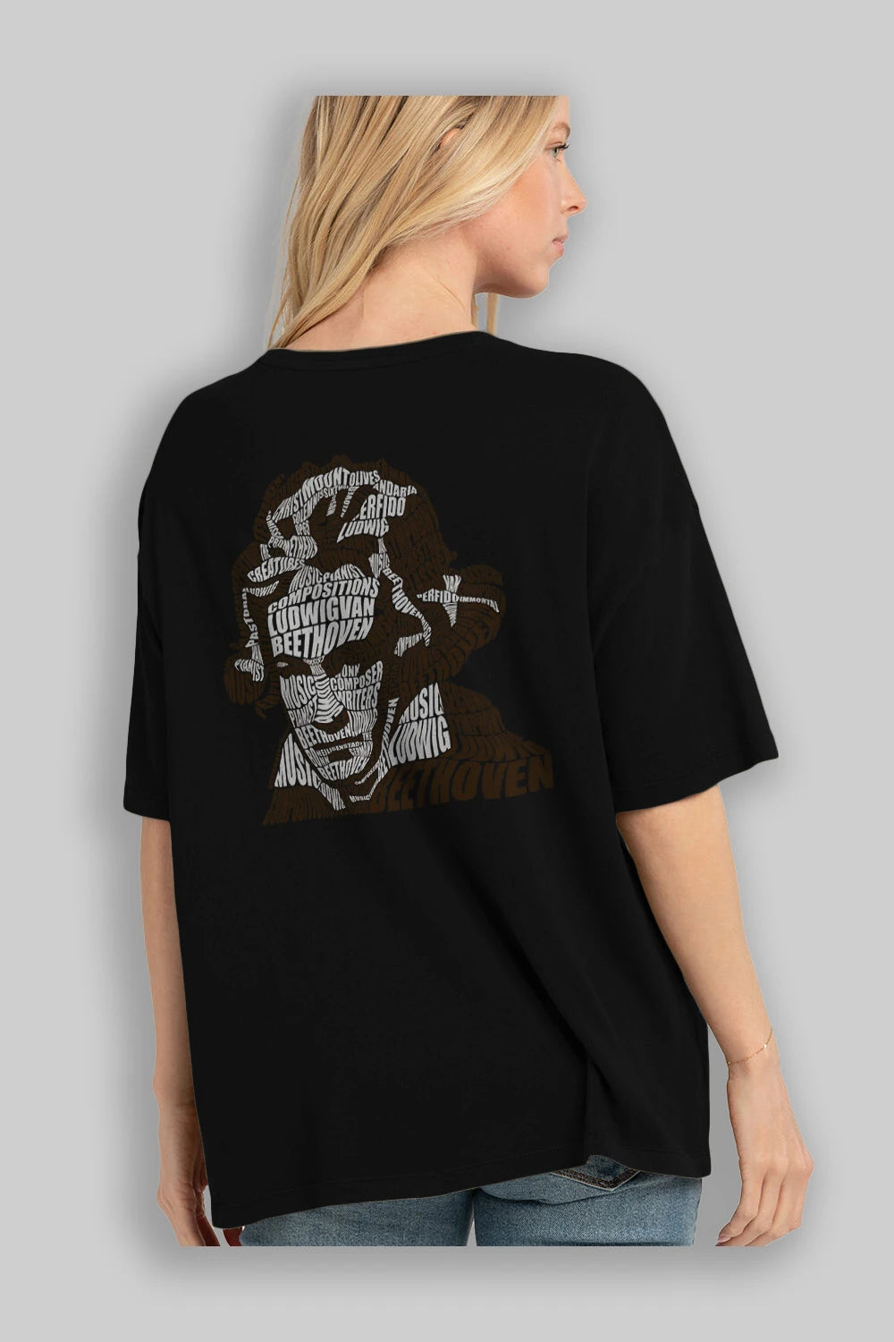 Ludwig van Beethoven Calligram Arka Baskılı Oversize t-shirt %100 pamuk Erkek Kadın Unisex