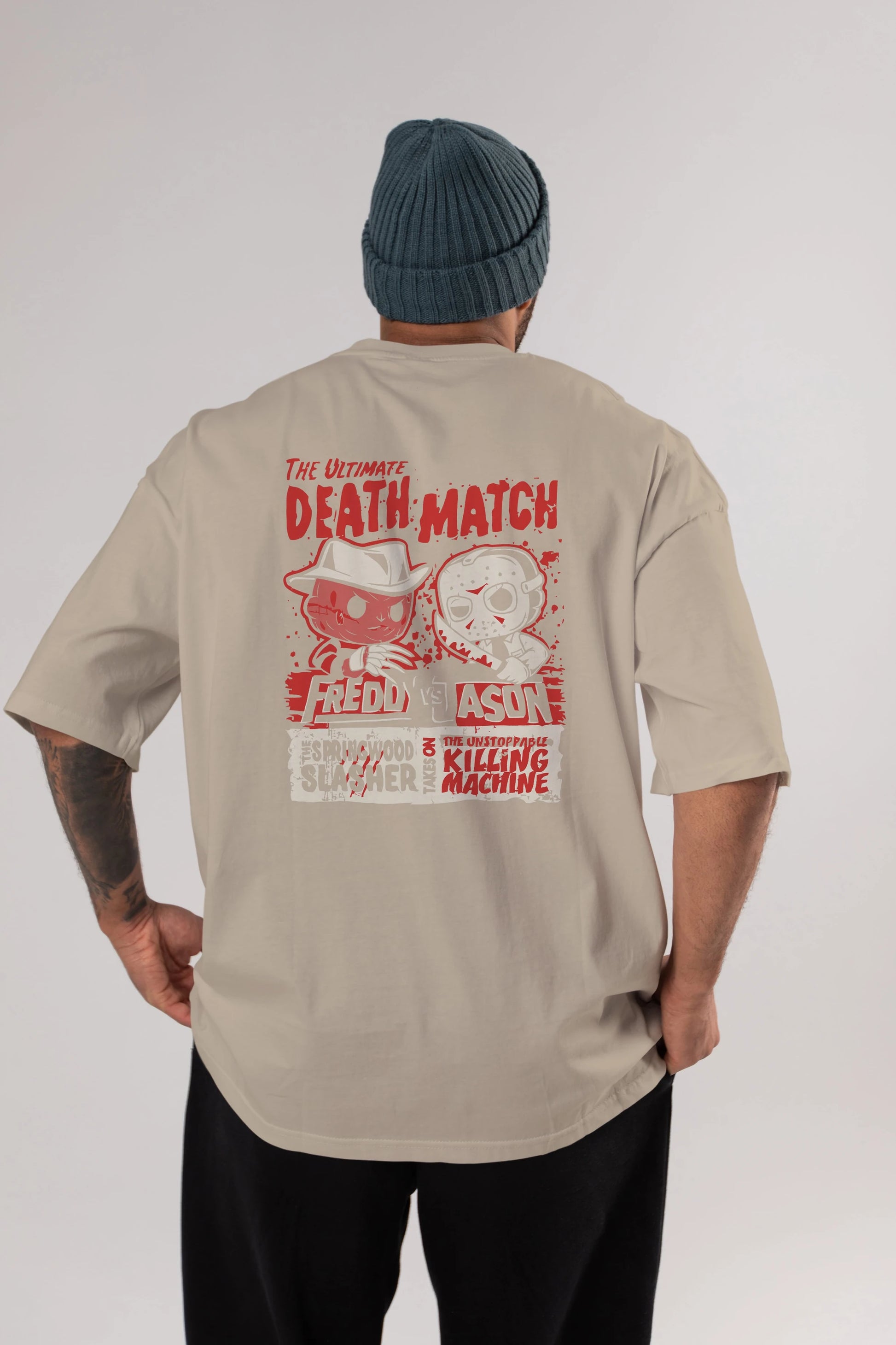 Freddy vs Jason Arka Baskılı Oversize t-shirt Erkek Kadın Unisex %100 Pamuk Bisiklet Yaka tişort