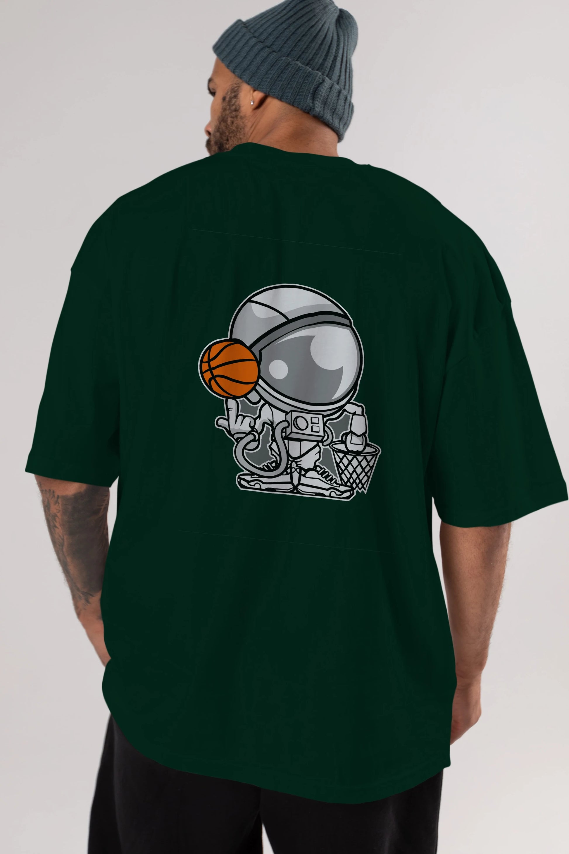 Astronaut Basketball Arka Baskılı Oversize t-shirt Erkek Kadın Unisex %100 Pamuk tişort