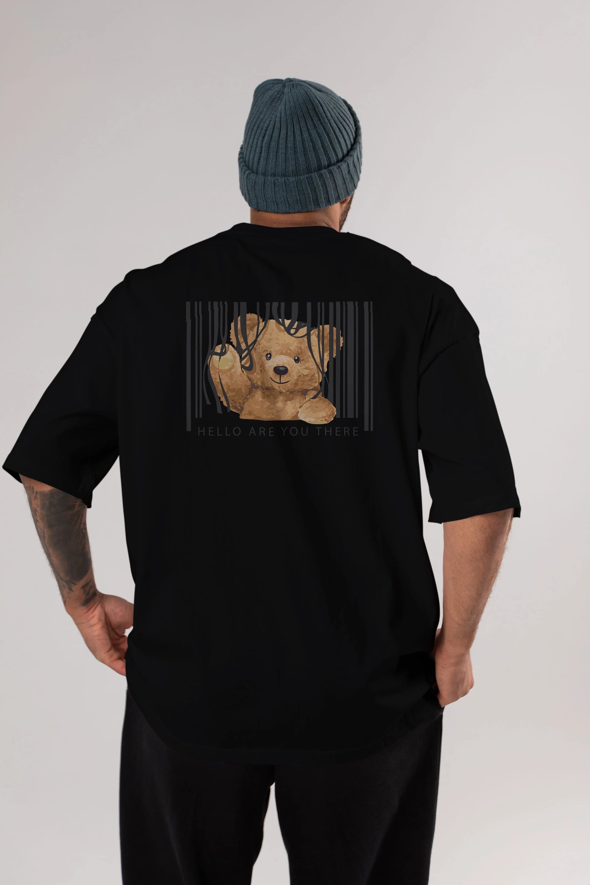 Teddy Bear Hello Arka Baskılı Oversize t-shirt Erkek Kadın Unisex %100 Pamuk