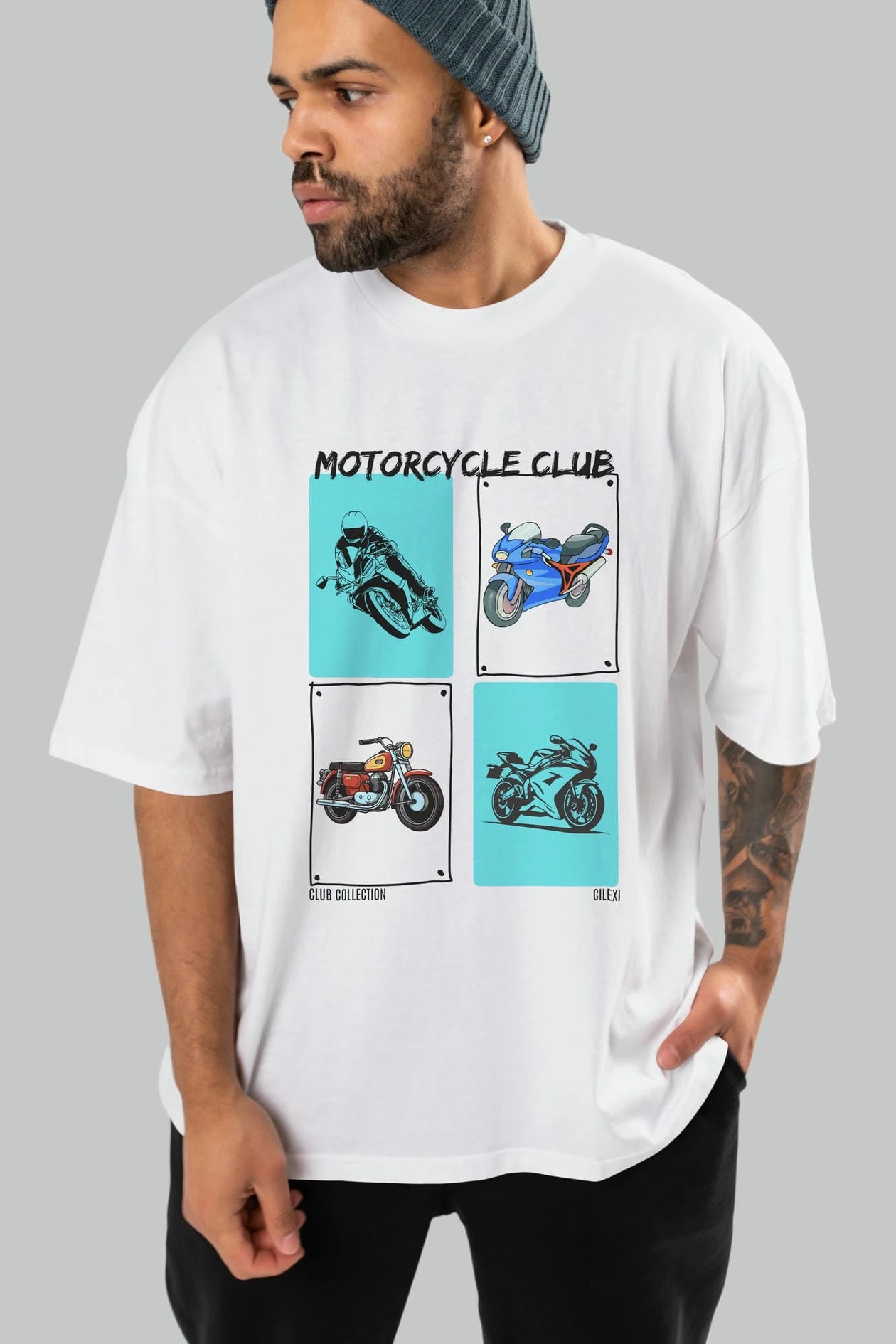 Motorcycle Club ön Baskılı Oversize t-shirt Erkek Kadın %100 Pamuk Bisiklet Yaka tişort