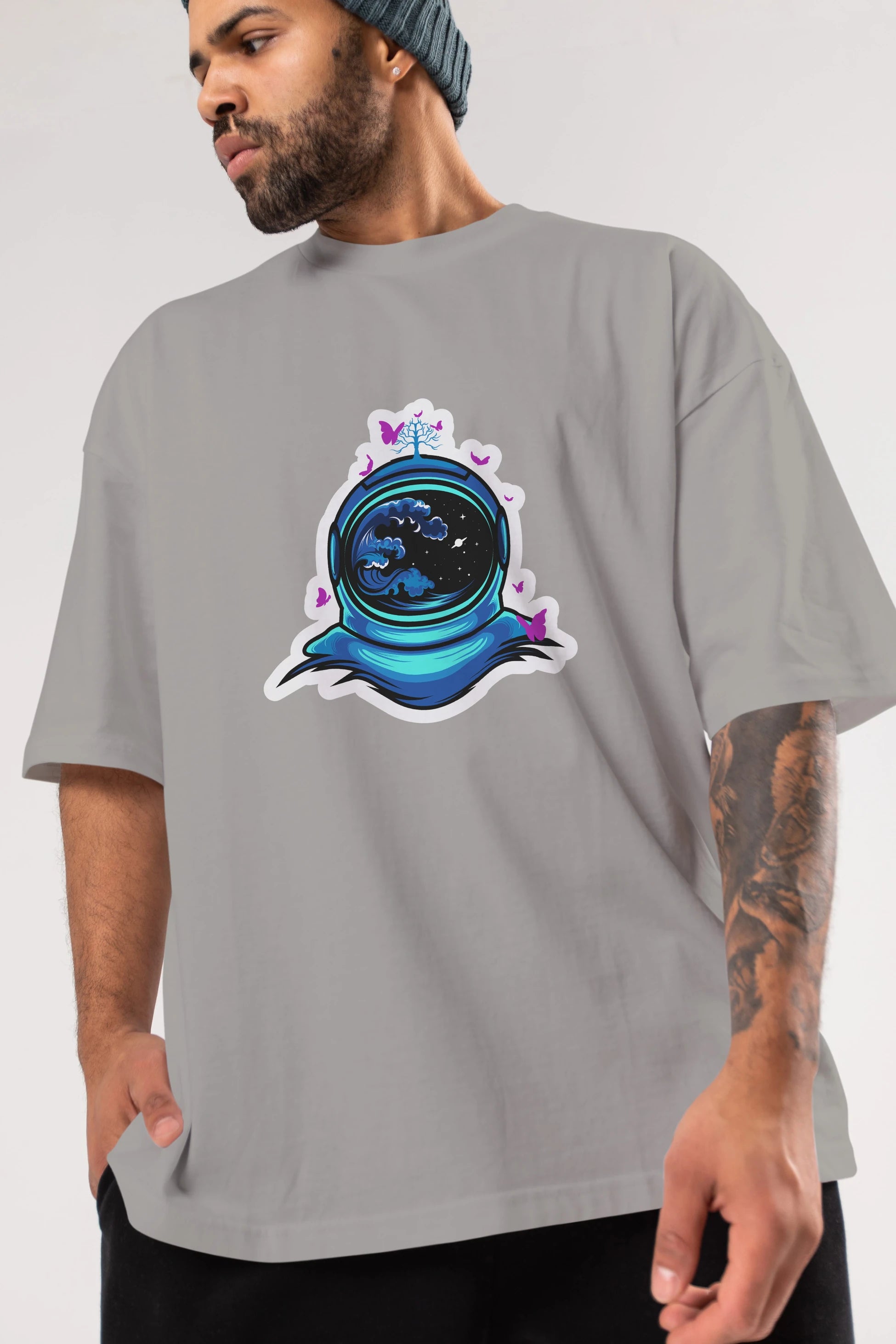 Astronaut and Butterfly Sticker Ön Baskılı Oversize t-shirt Erkek Kadın Unisex