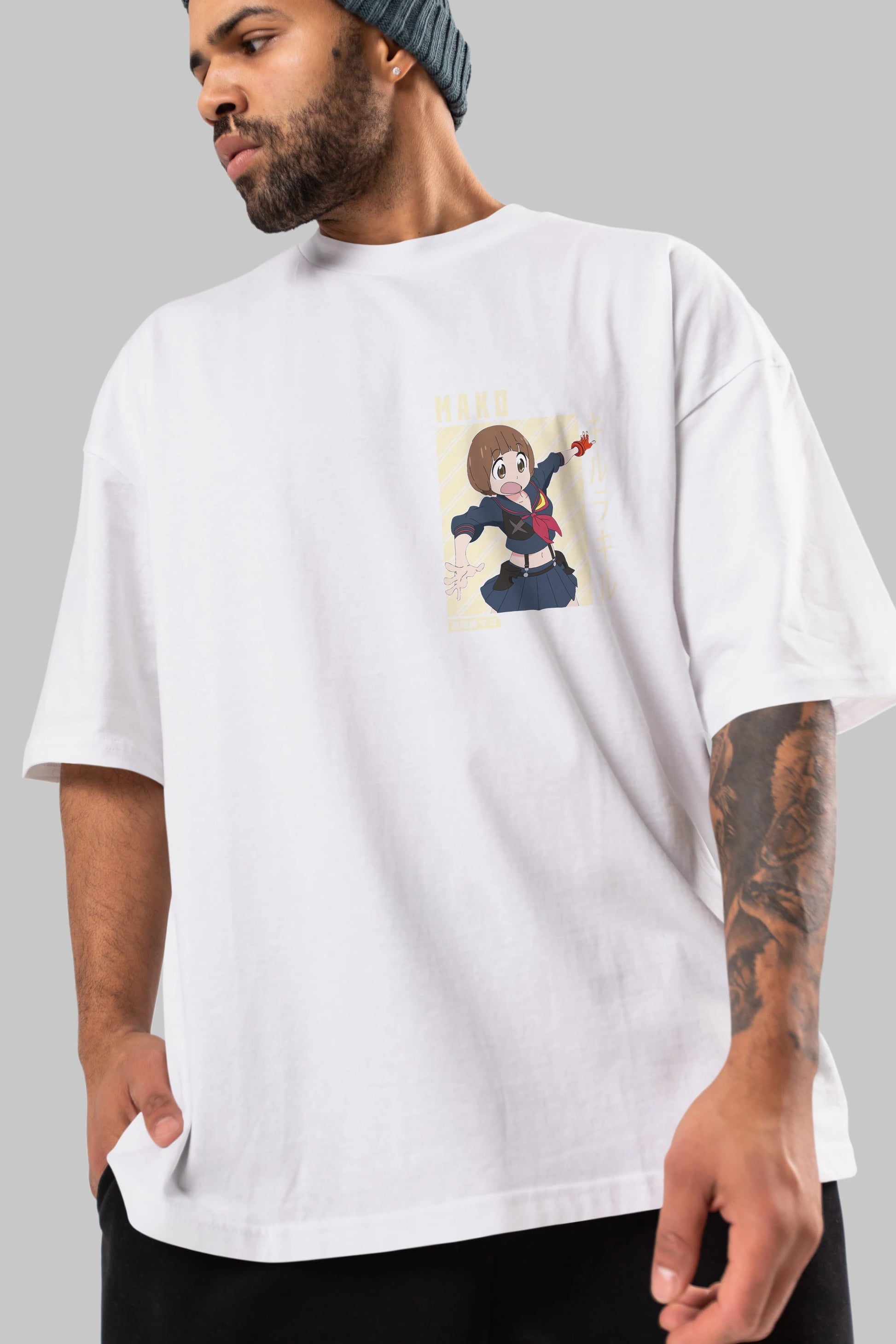 Mako Mankanshoku 1 Ön Sol Baskılı Oversize t-shirt Erkek Kadın Unisex %100 Pamuk Bisiklet Yaka tişort