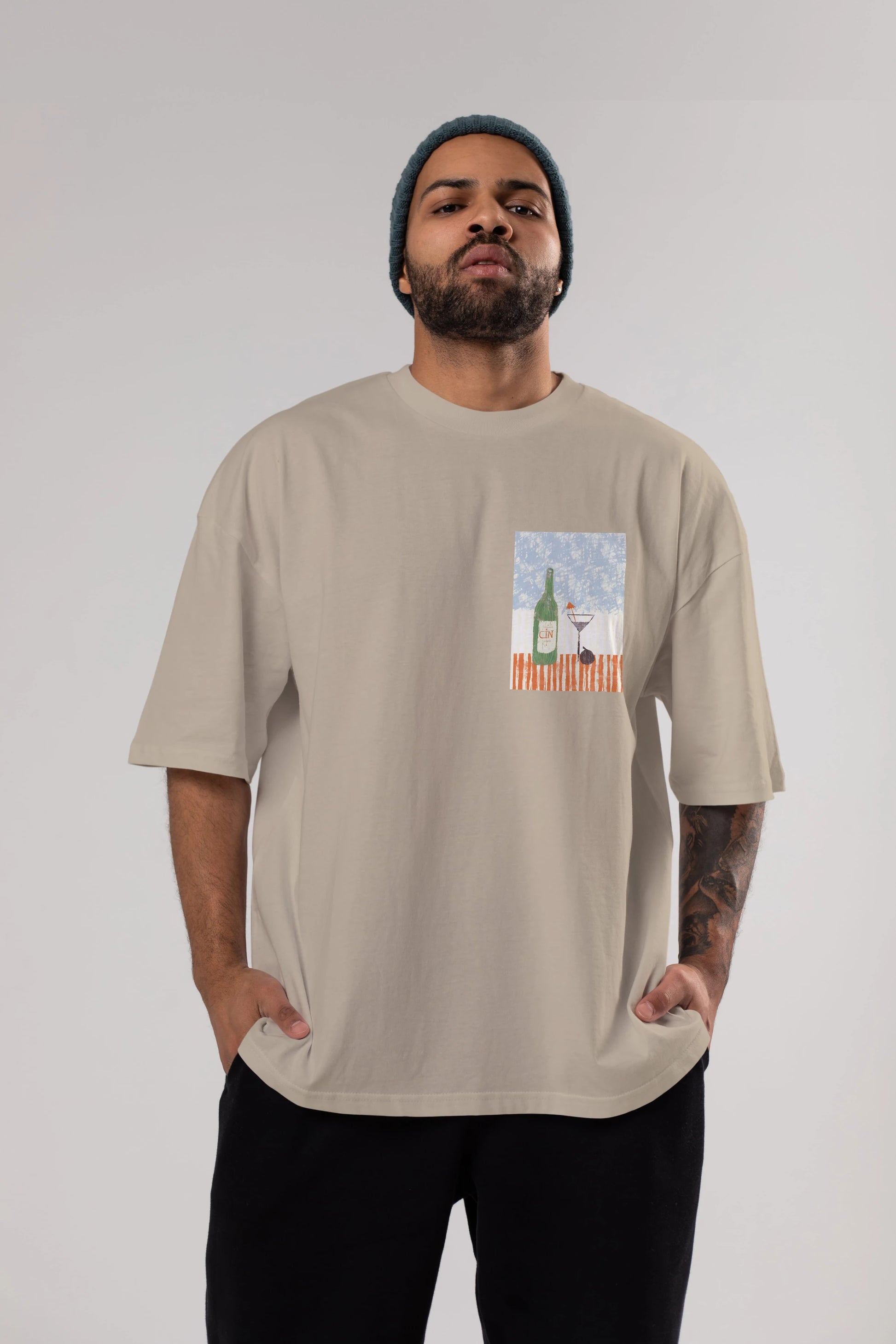 Gin Ön Sol Baskılı Oversize t-shirt Erkek Kadın Unisex %100 Pamuk Bisiklet Yaka tişort